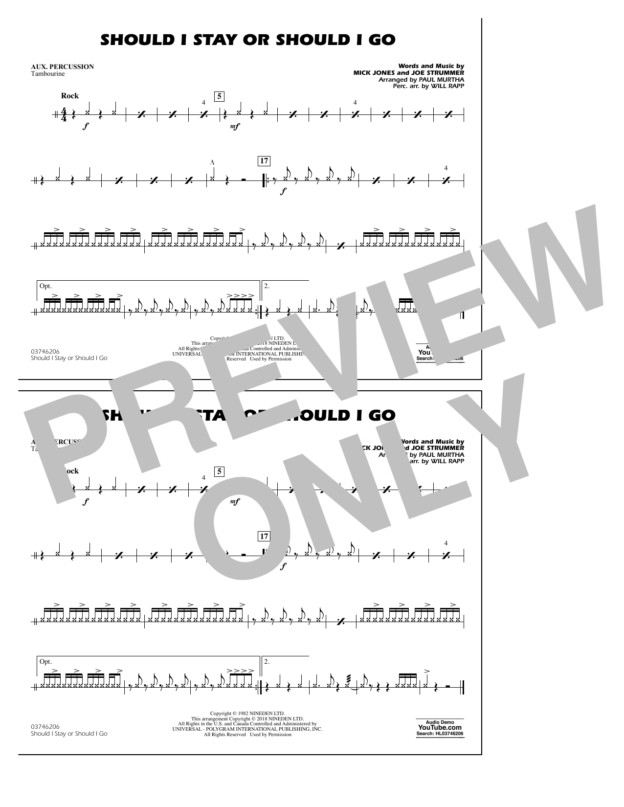 Download Paul Murtha Should I Stay Or Should I Go - Aux Percussion Sheet Music and learn how to play Marching Band PDF digital score in minutes