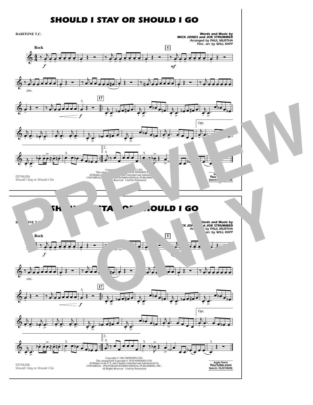 Download Paul Murtha Should I Stay Or Should I Go - Baritone T.C. Sheet Music and learn how to play Marching Band PDF digital score in minutes