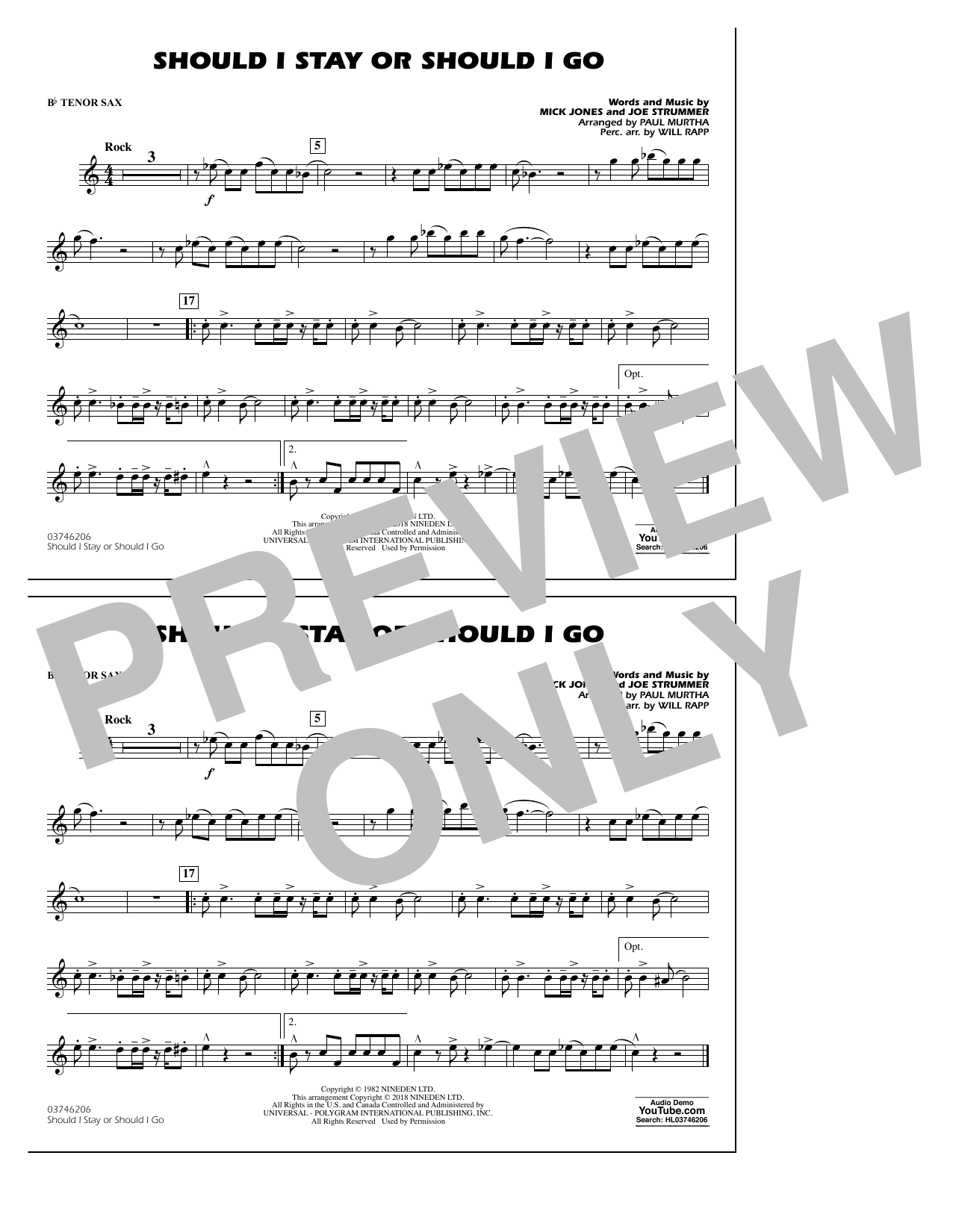 Download Paul Murtha Should I Stay Or Should I Go - Bb Tenor Sax Sheet Music and learn how to play Marching Band PDF digital score in minutes