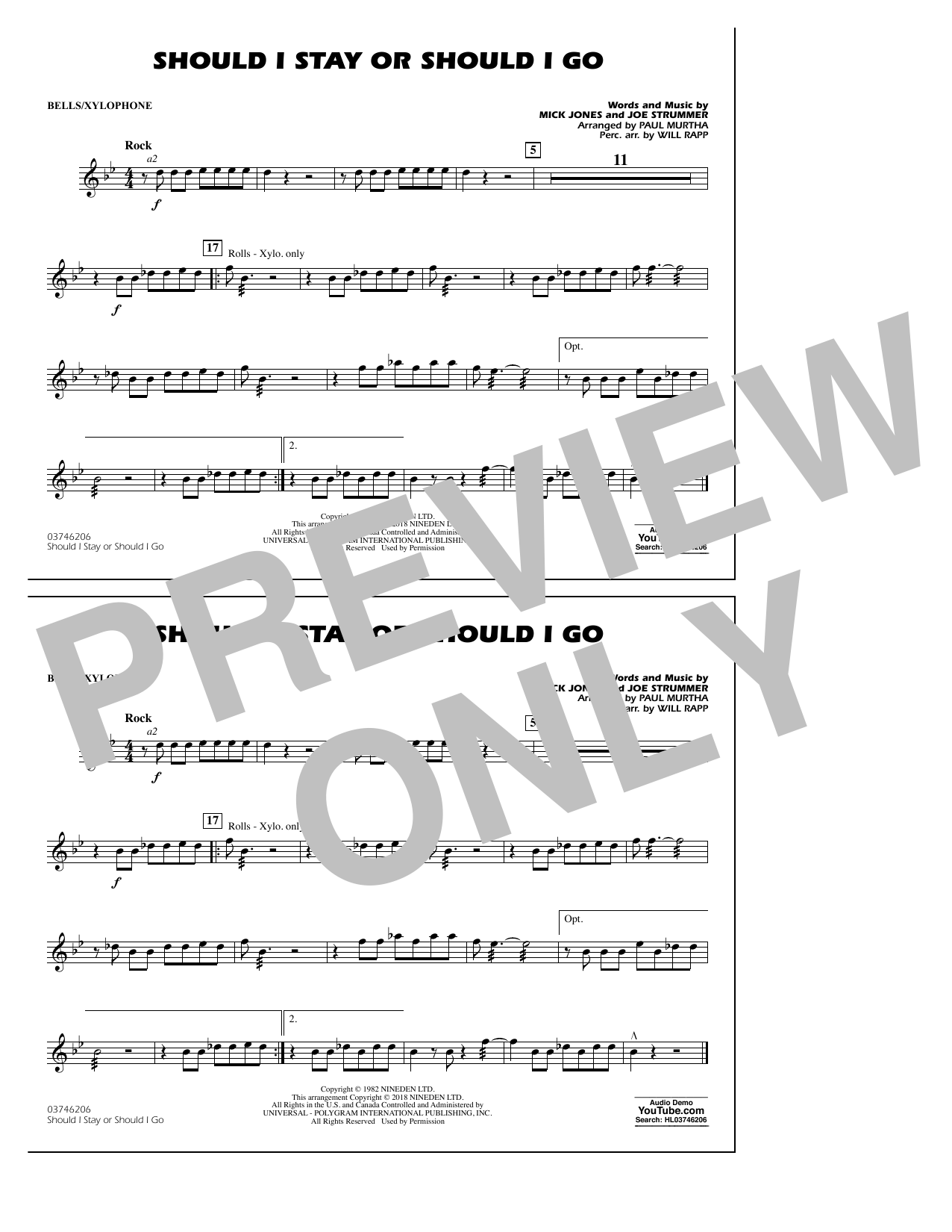 Download Paul Murtha Should I Stay Or Should I Go - Bells/Xylophone Sheet Music and learn how to play Marching Band PDF digital score in minutes