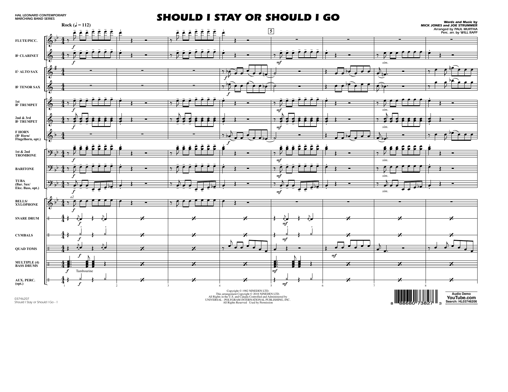 Download Paul Murtha Should I Stay Or Should I Go - Conductor Score (Full Score) Sheet Music and learn how to play Marching Band PDF digital score in minutes