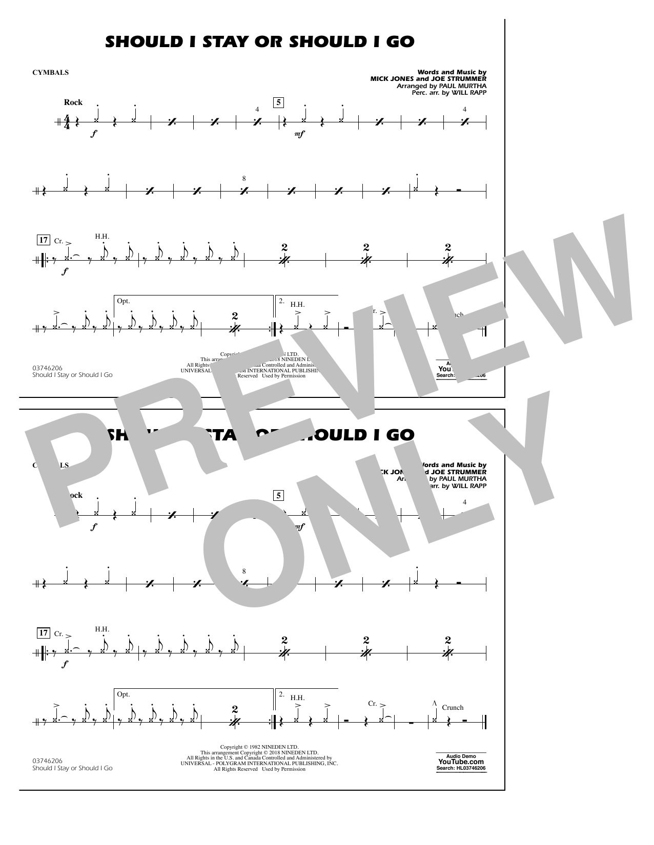 Download Paul Murtha Should I Stay Or Should I Go - Cymbals Sheet Music and learn how to play Marching Band PDF digital score in minutes