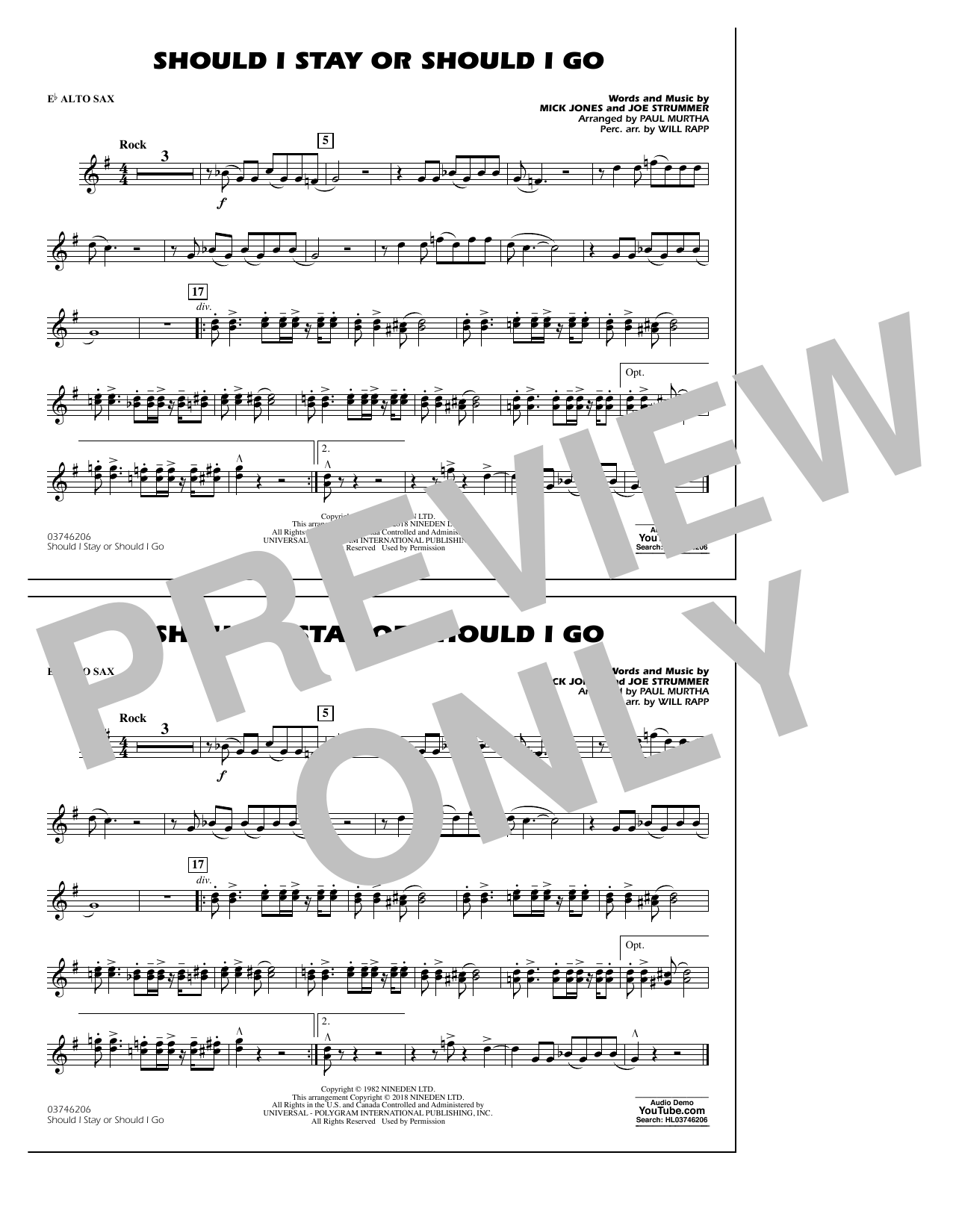 Download Paul Murtha Should I Stay Or Should I Go - Eb Alto Sax Sheet Music and learn how to play Marching Band PDF digital score in minutes