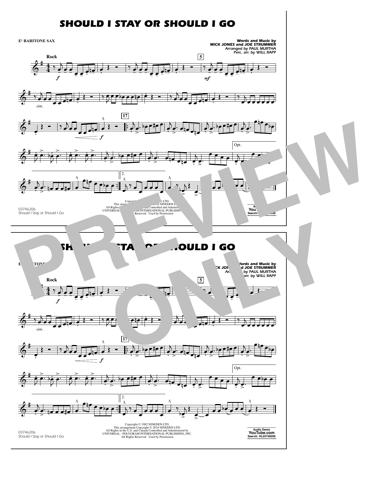 Download Paul Murtha Should I Stay Or Should I Go - Eb Baritone Sax Sheet Music and learn how to play Marching Band PDF digital score in minutes