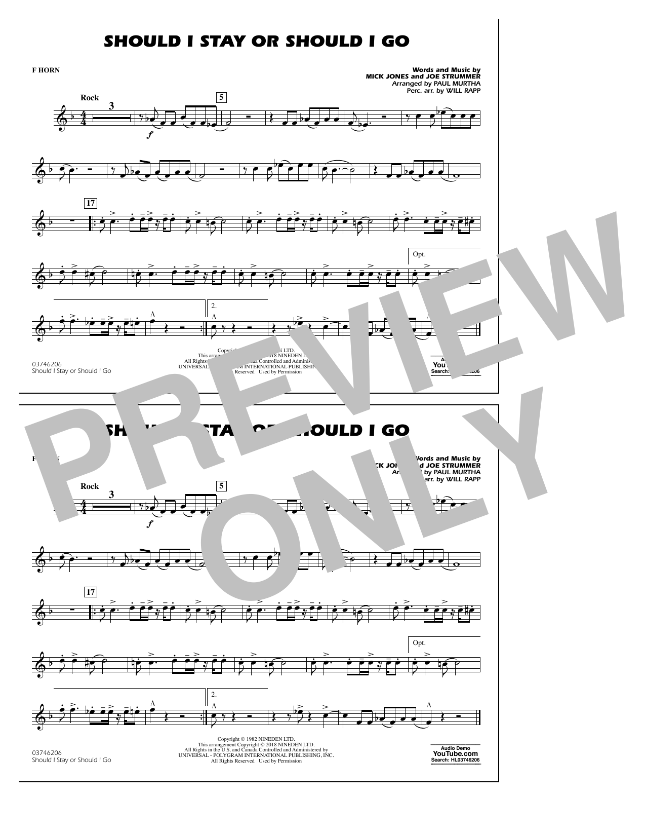 Download Paul Murtha Should I Stay Or Should I Go - F Horn Sheet Music and learn how to play Marching Band PDF digital score in minutes