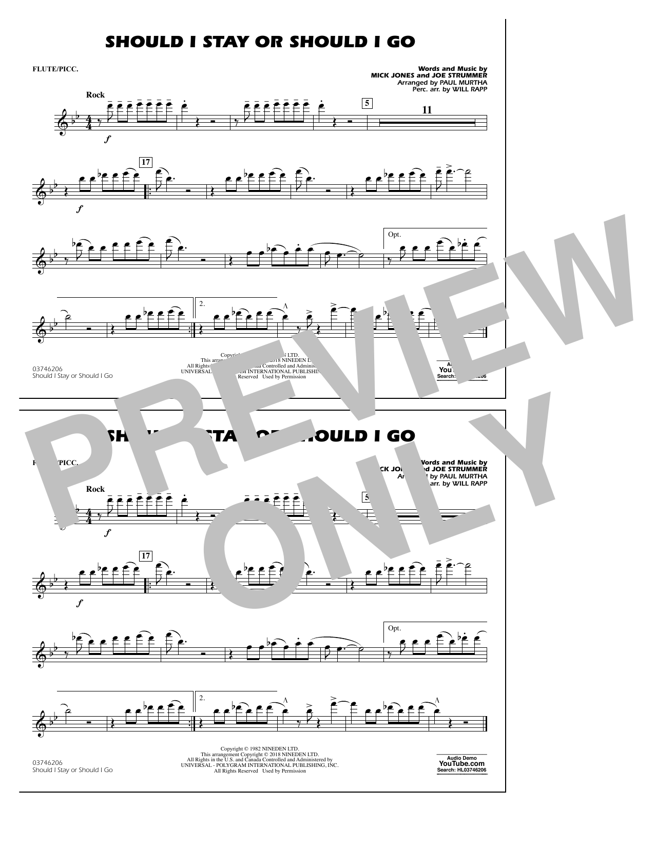 Download Paul Murtha Should I Stay Or Should I Go - Flute/Piccolo Sheet Music and learn how to play Marching Band PDF digital score in minutes