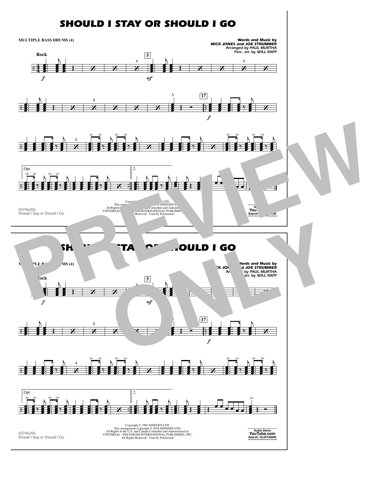 Download Paul Murtha Should I Stay Or Should I Go - Multiple Bass Drums Sheet Music and learn how to play Marching Band PDF digital score in minutes