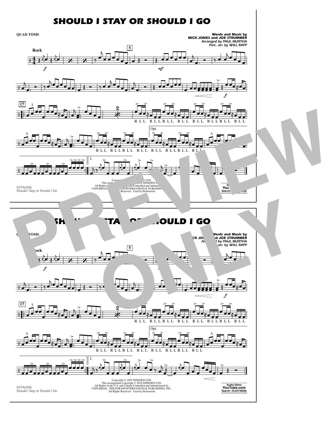 Download Paul Murtha Should I Stay Or Should I Go - Quad Toms Sheet Music and learn how to play Marching Band PDF digital score in minutes