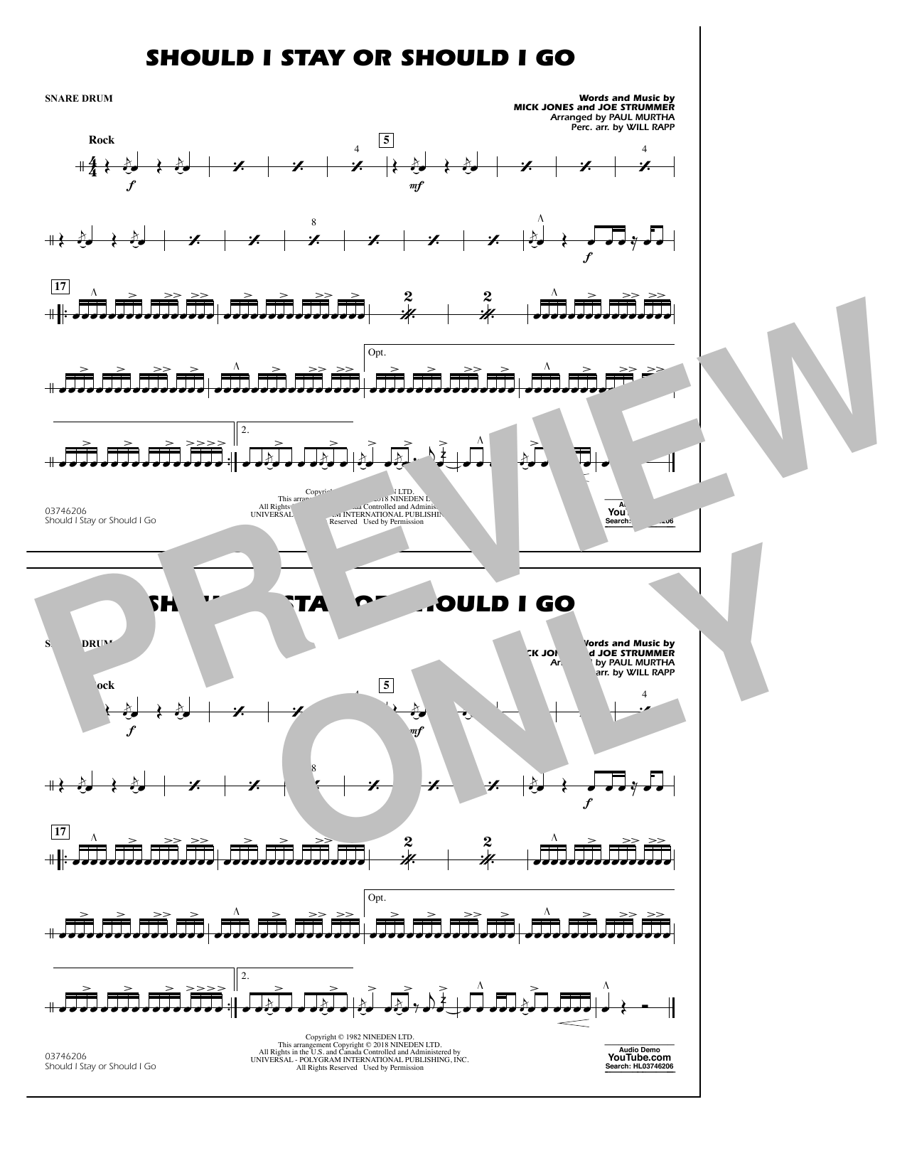 Download Paul Murtha Should I Stay Or Should I Go - Snare Drum Sheet Music and learn how to play Marching Band PDF digital score in minutes
