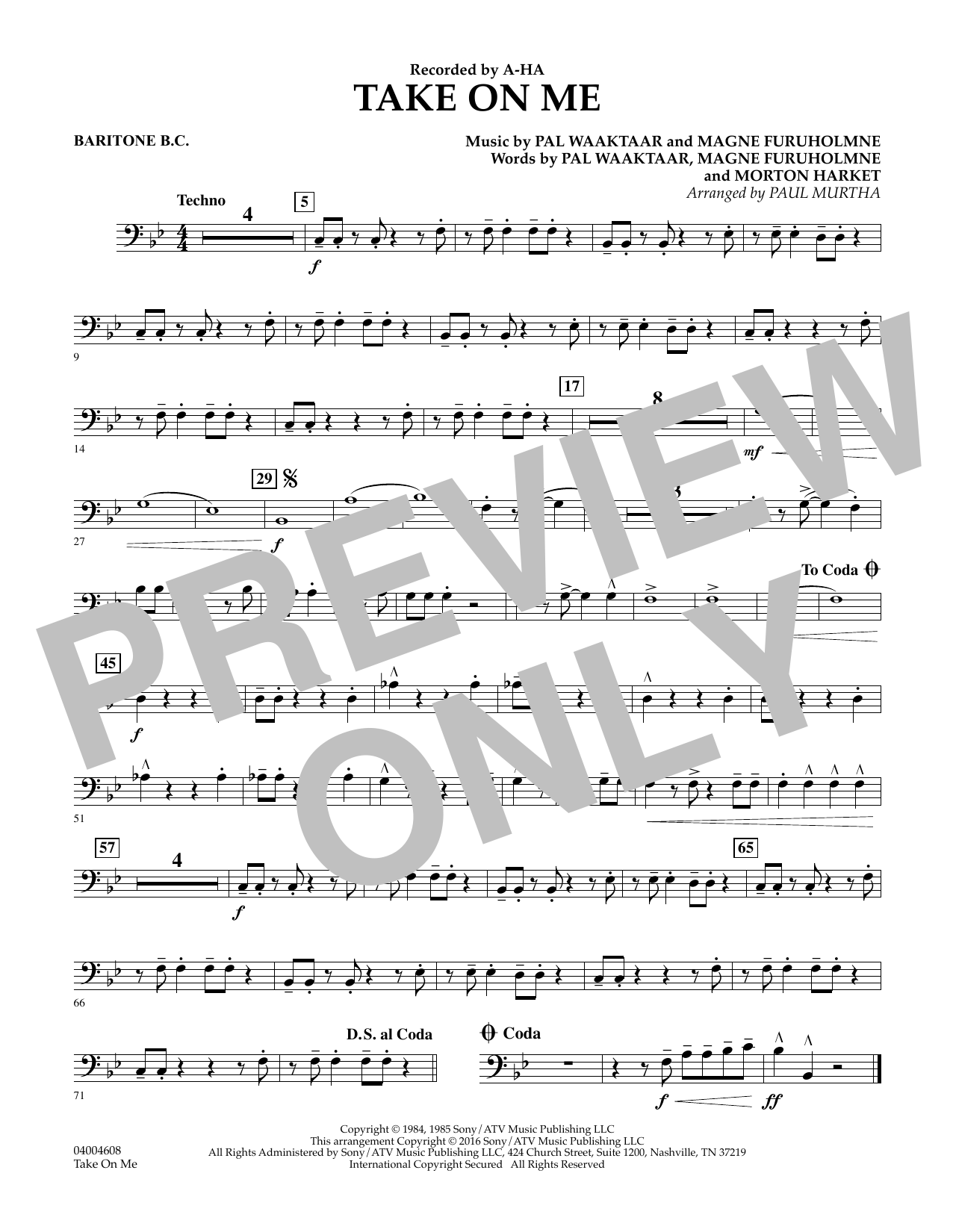 Download Paul Murtha Take on Me - Baritone B.C. Sheet Music and learn how to play Concert Band PDF digital score in minutes
