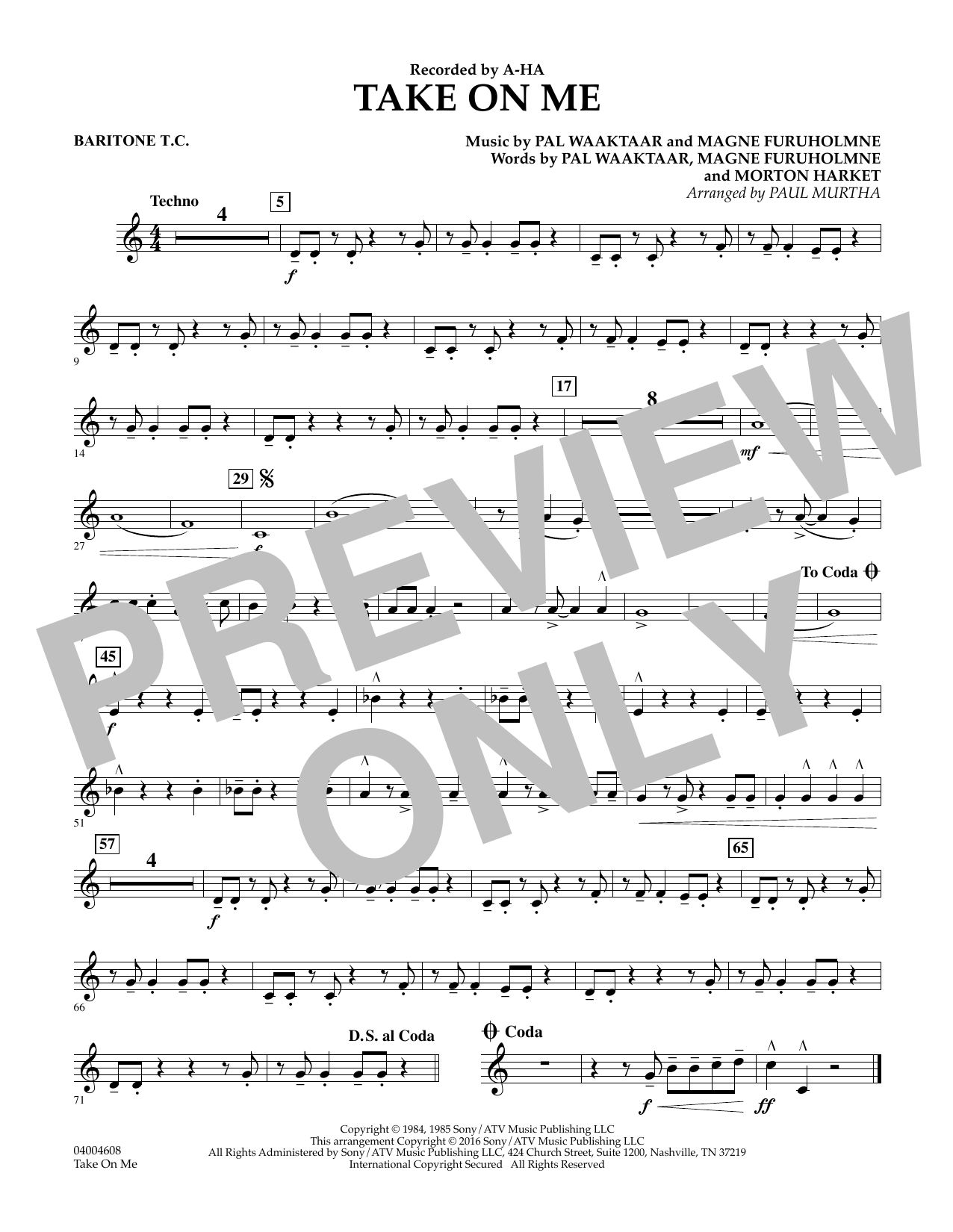 Download Paul Murtha Take on Me - Baritone T.C. Sheet Music and learn how to play Concert Band PDF digital score in minutes