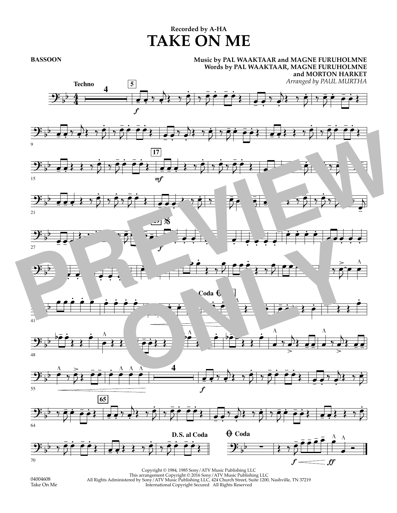 Download Paul Murtha Take on Me - Bassoon Sheet Music and learn how to play Concert Band PDF digital score in minutes