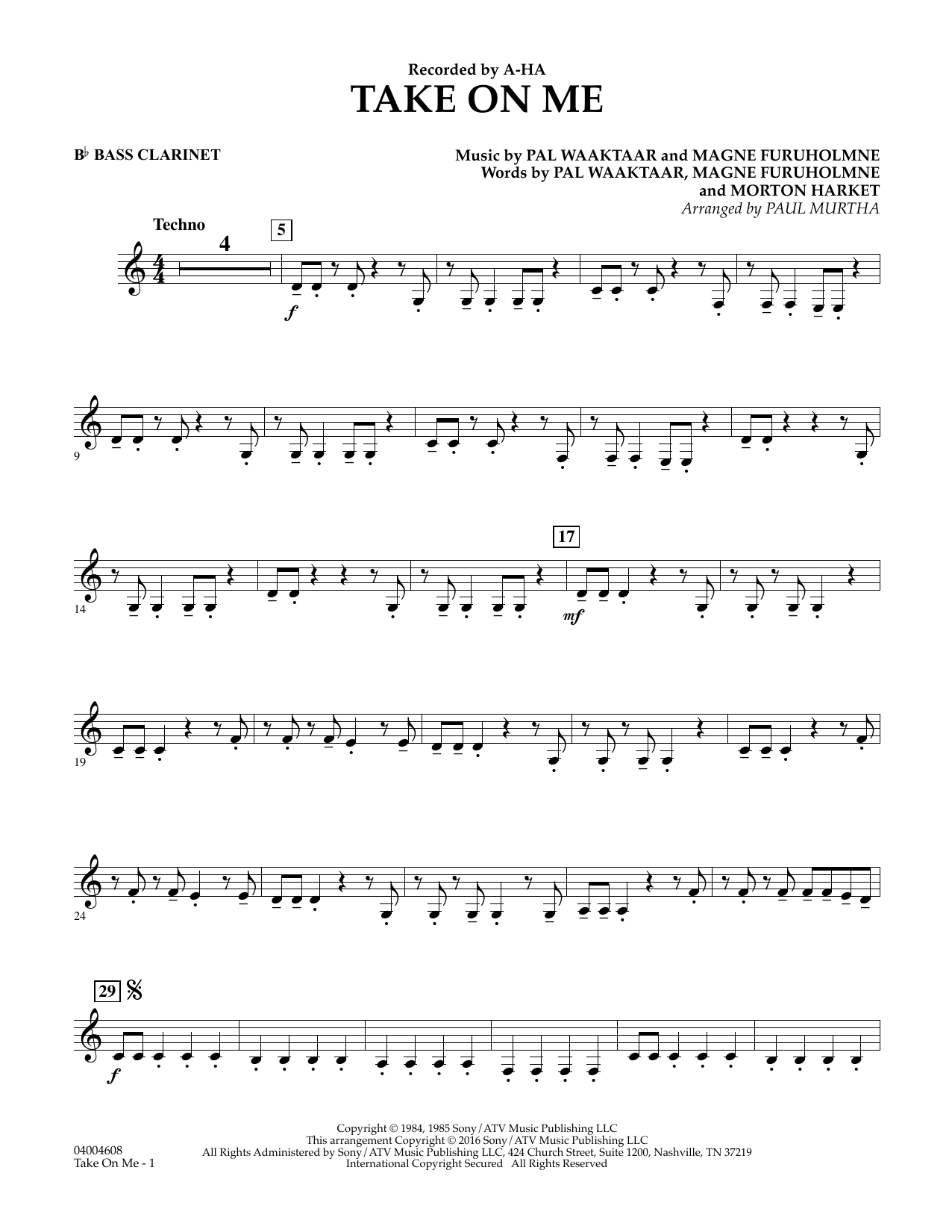 Download Paul Murtha Take on Me - Bb Bass Clarinet Sheet Music and learn how to play Concert Band PDF digital score in minutes