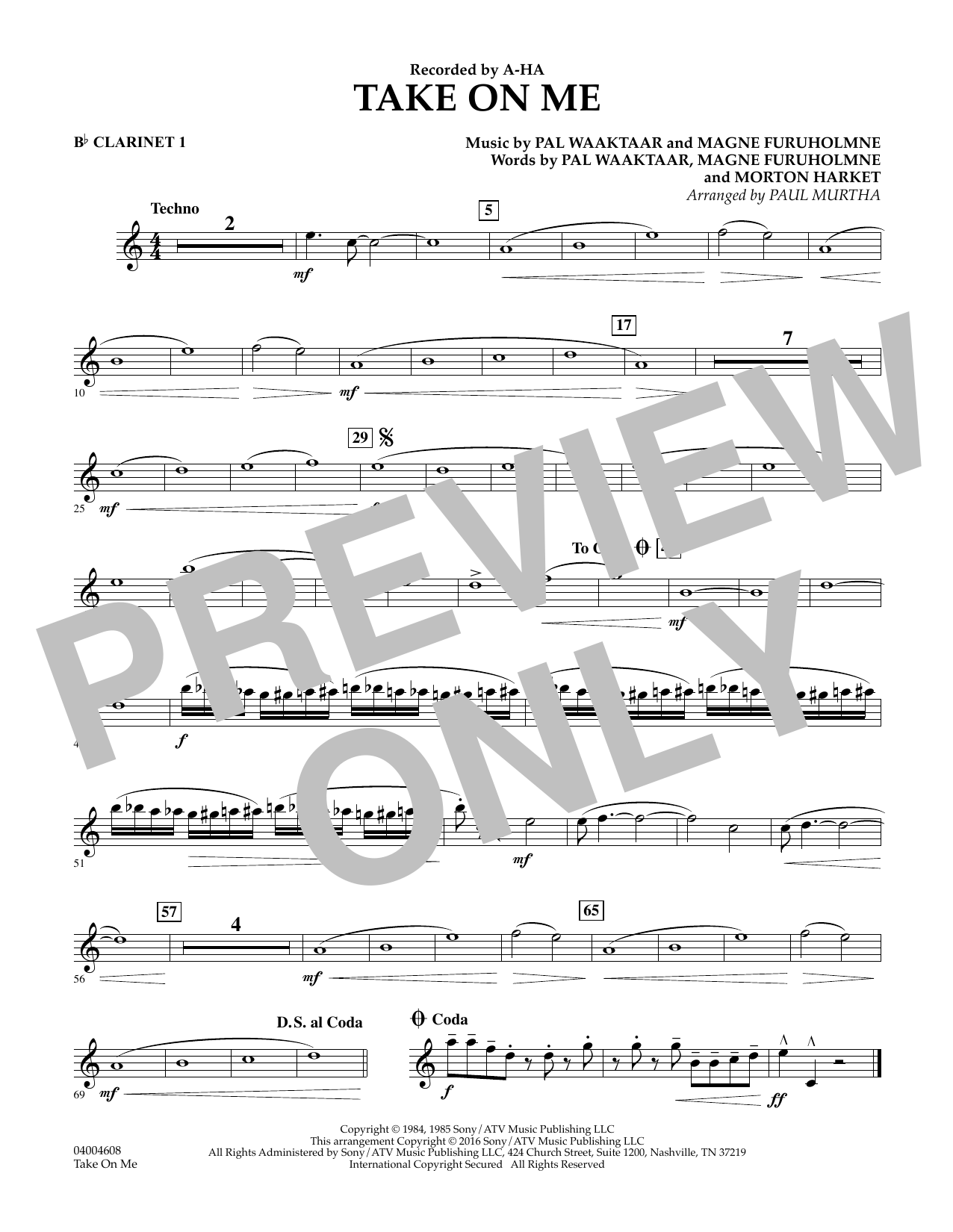 Download Paul Murtha Take on Me - Bb Clarinet 1 Sheet Music and learn how to play Concert Band PDF digital score in minutes