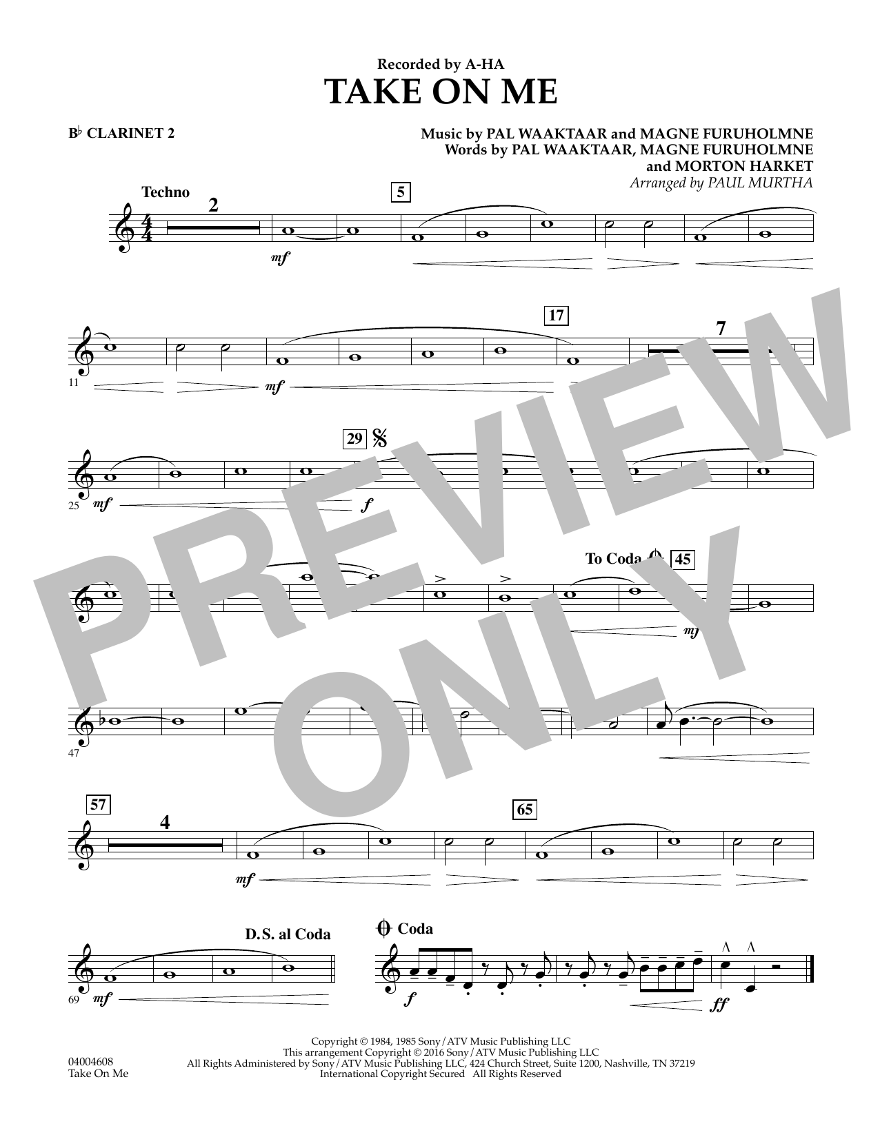 Download Paul Murtha Take on Me - Bb Clarinet 2 Sheet Music and learn how to play Concert Band PDF digital score in minutes