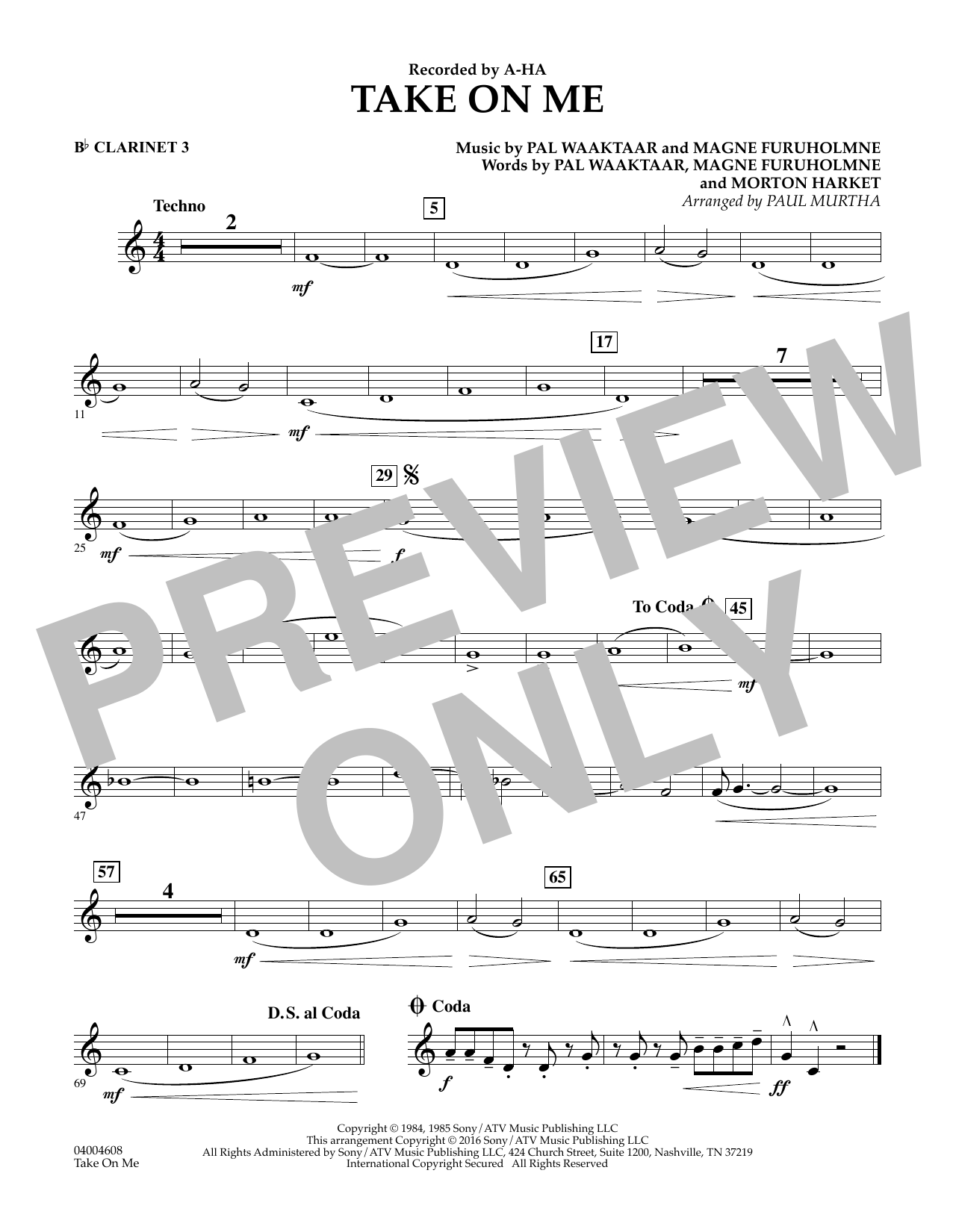 Download Paul Murtha Take on Me - Bb Clarinet 3 Sheet Music and learn how to play Concert Band PDF digital score in minutes