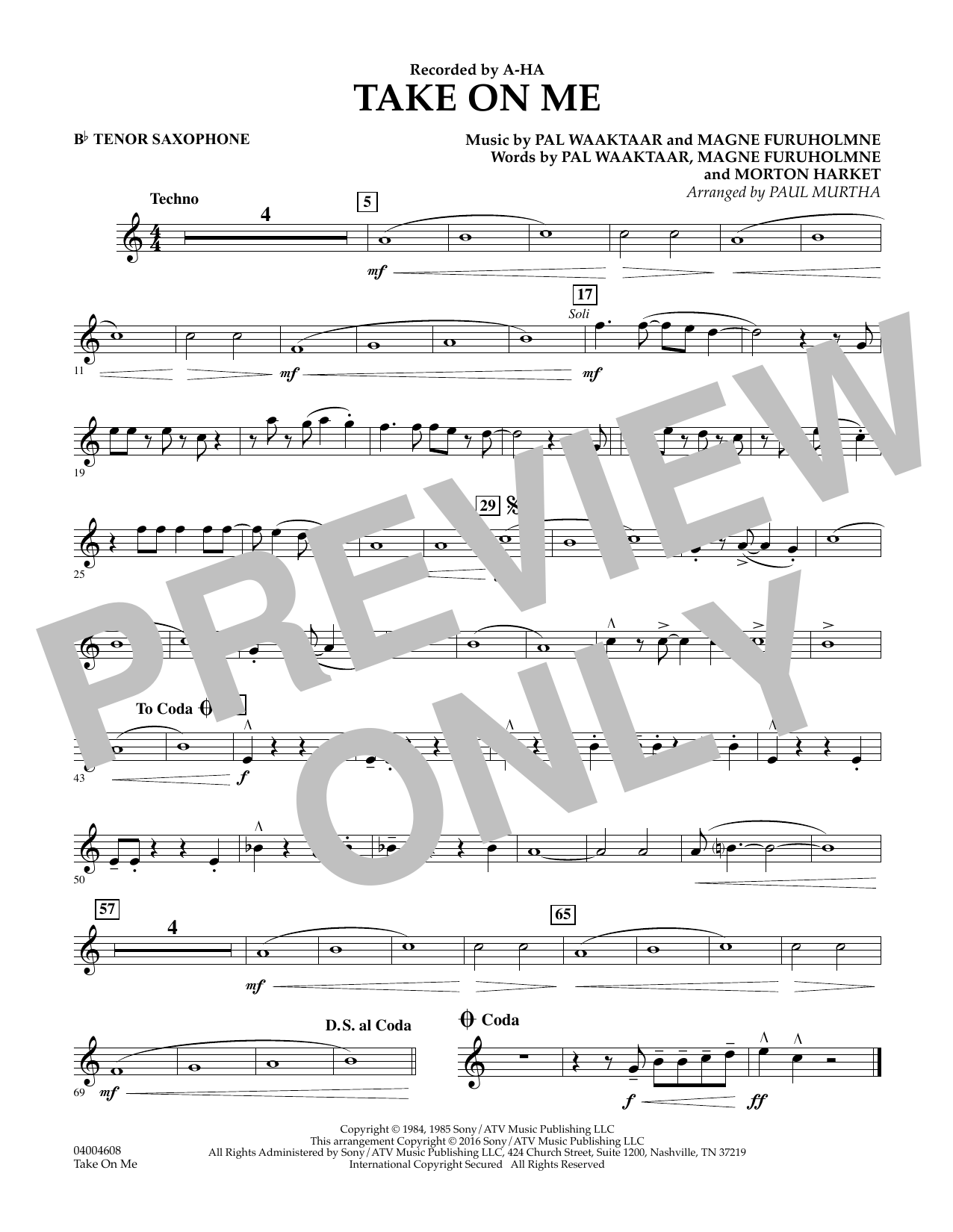Download Paul Murtha Take on Me - Bb Tenor Saxophone Sheet Music and learn how to play Concert Band PDF digital score in minutes