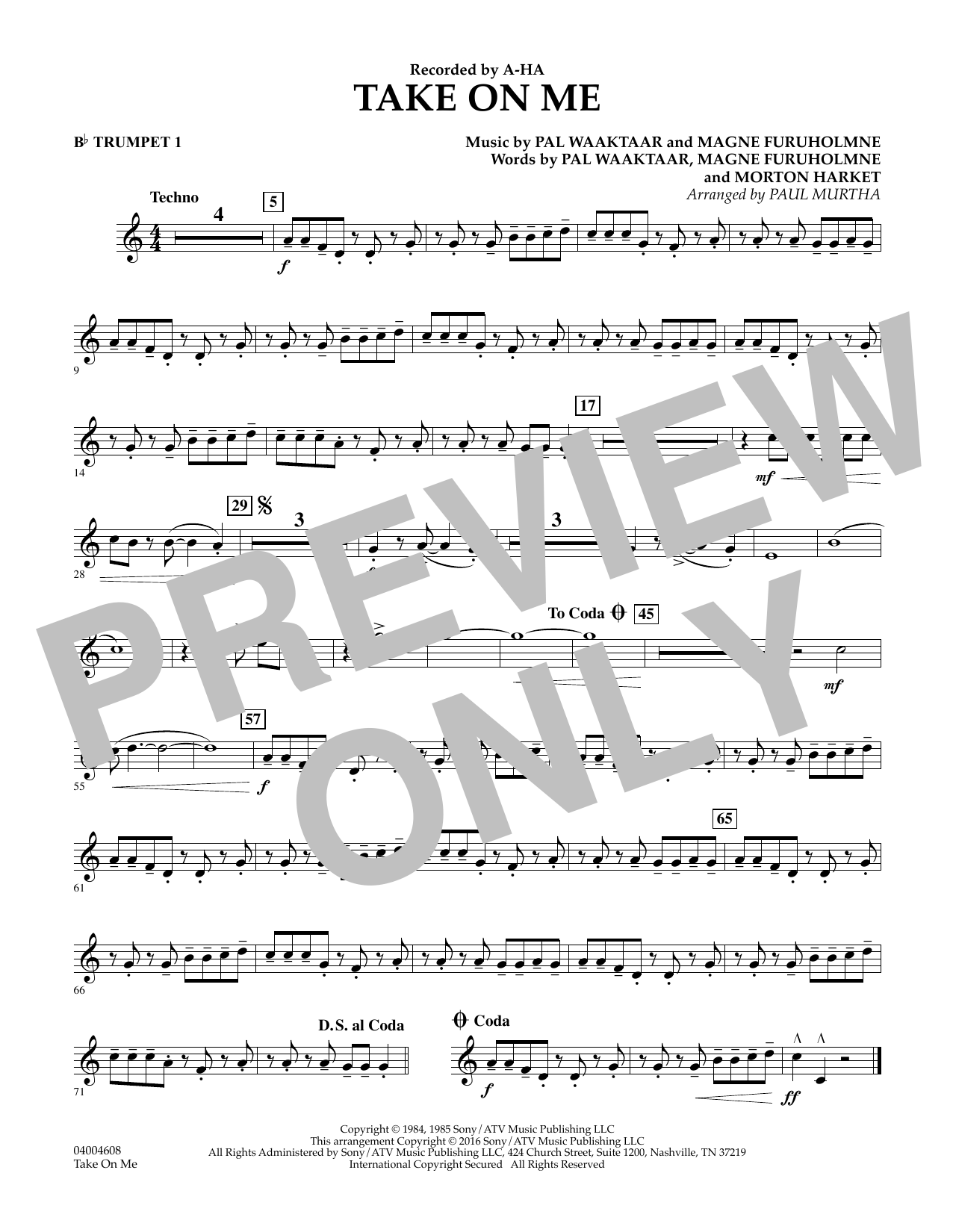 Download Paul Murtha Take on Me - Bb Trumpet 1 Sheet Music and learn how to play Concert Band PDF digital score in minutes