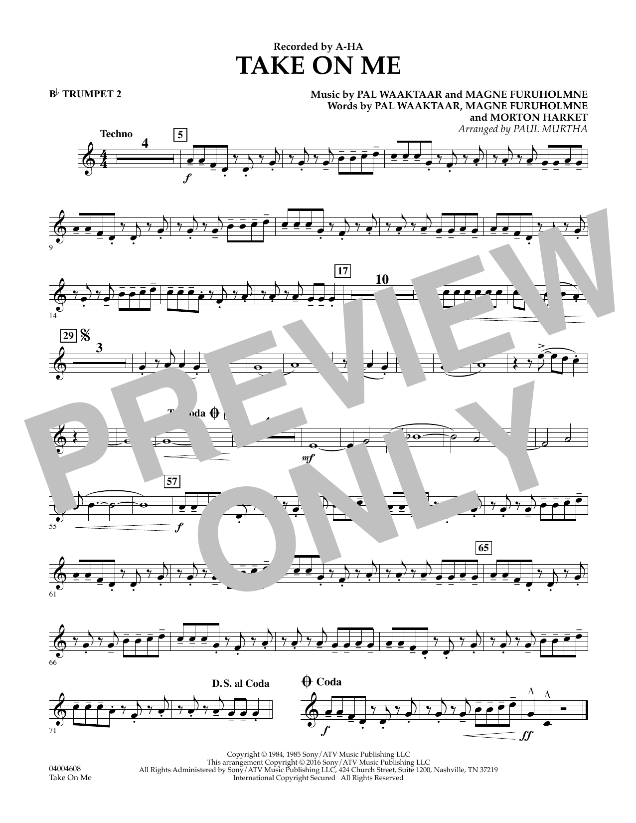 Download Paul Murtha Take on Me - Bb Trumpet 2 Sheet Music and learn how to play Concert Band PDF digital score in minutes