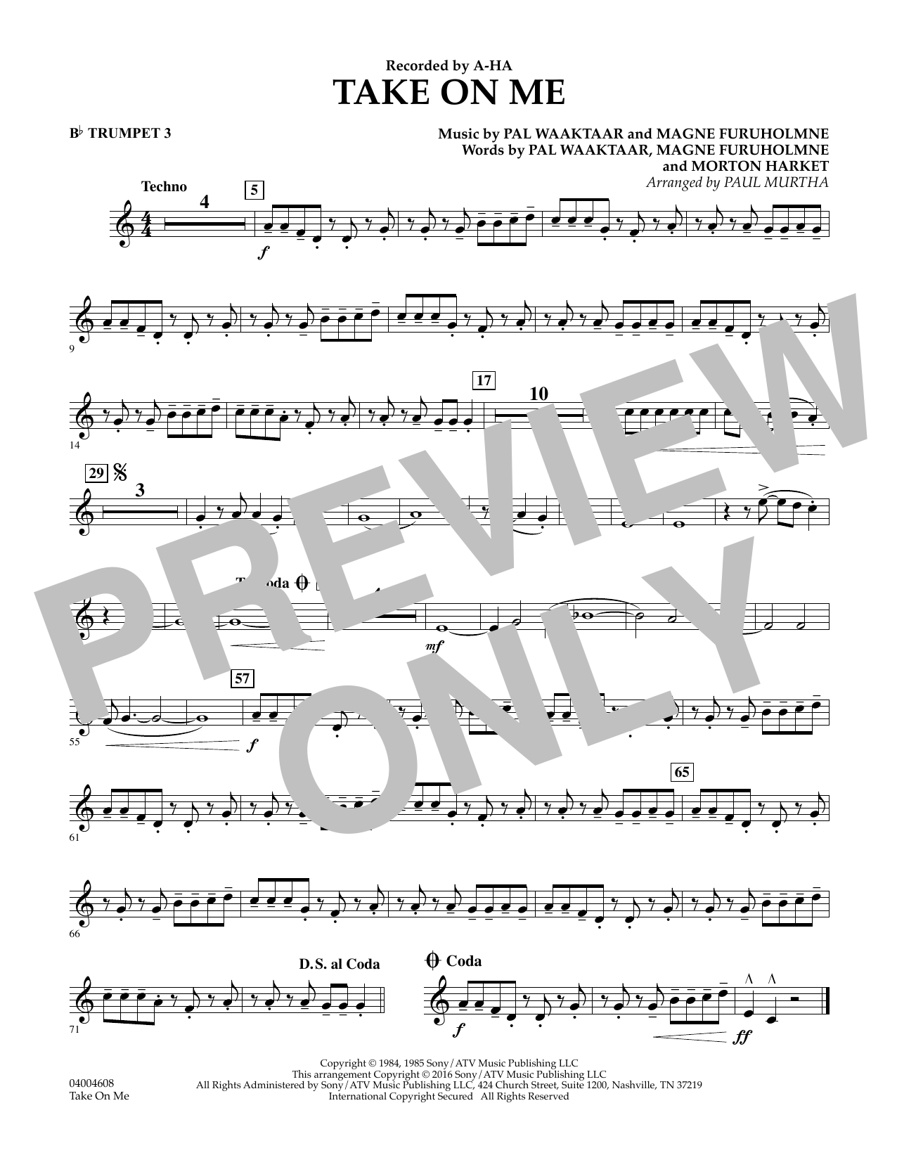 Download Paul Murtha Take on Me - Bb Trumpet 3 Sheet Music and learn how to play Concert Band PDF digital score in minutes