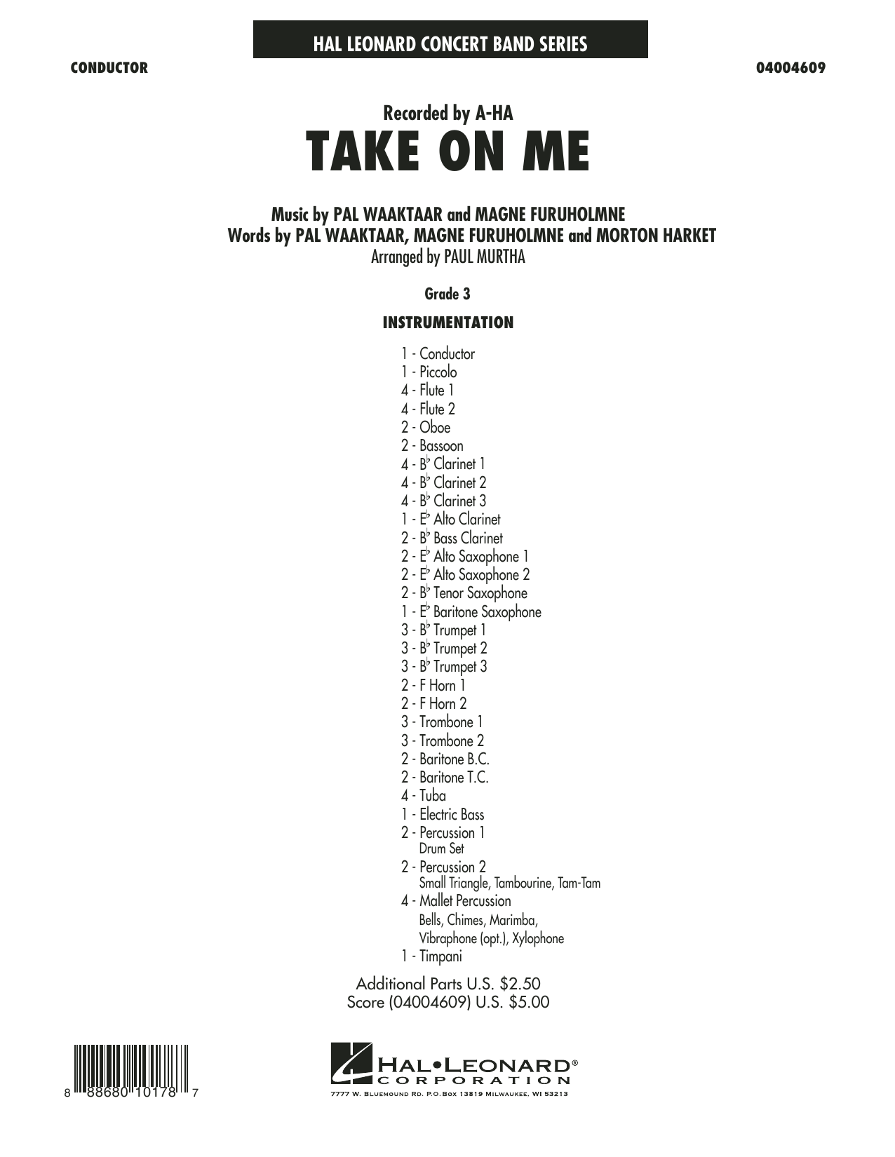 Download Paul Murtha Take on Me - Conductor Score (Full Score) Sheet Music and learn how to play Concert Band PDF digital score in minutes
