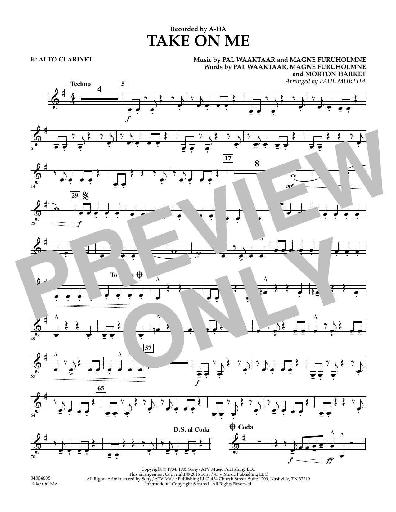 Download Paul Murtha Take on Me - Eb Alto Clarinet Sheet Music and learn how to play Concert Band PDF digital score in minutes
