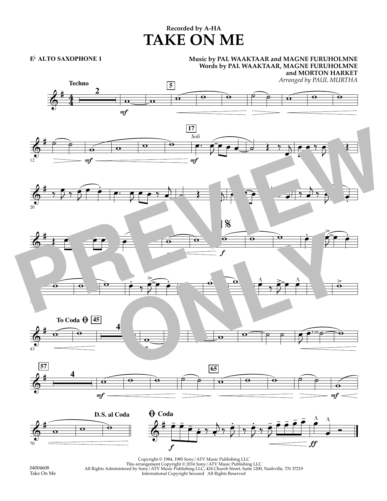 Download Paul Murtha Take on Me - Eb Alto Saxophone 1 Sheet Music and learn how to play Concert Band PDF digital score in minutes