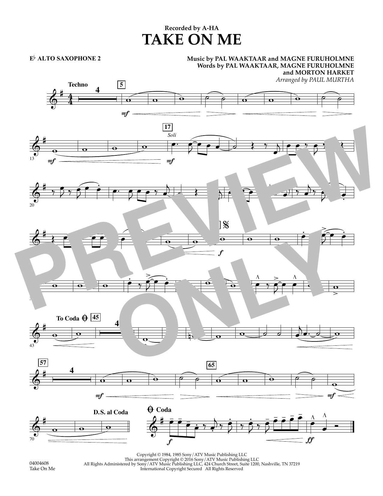 Download Paul Murtha Take on Me - Eb Alto Saxophone 2 Sheet Music and learn how to play Concert Band PDF digital score in minutes