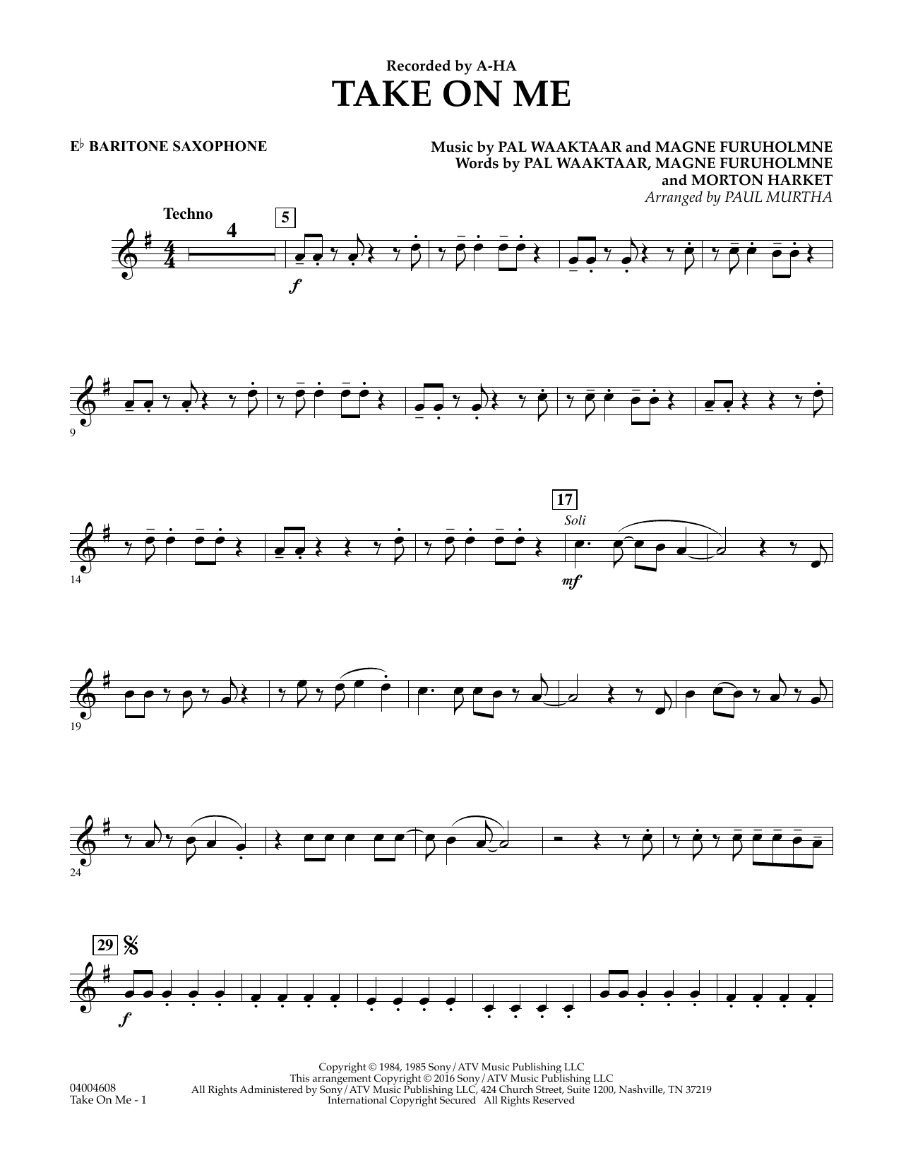 Download Paul Murtha Take on Me - Eb Baritone Saxophone Sheet Music and learn how to play Concert Band PDF digital score in minutes