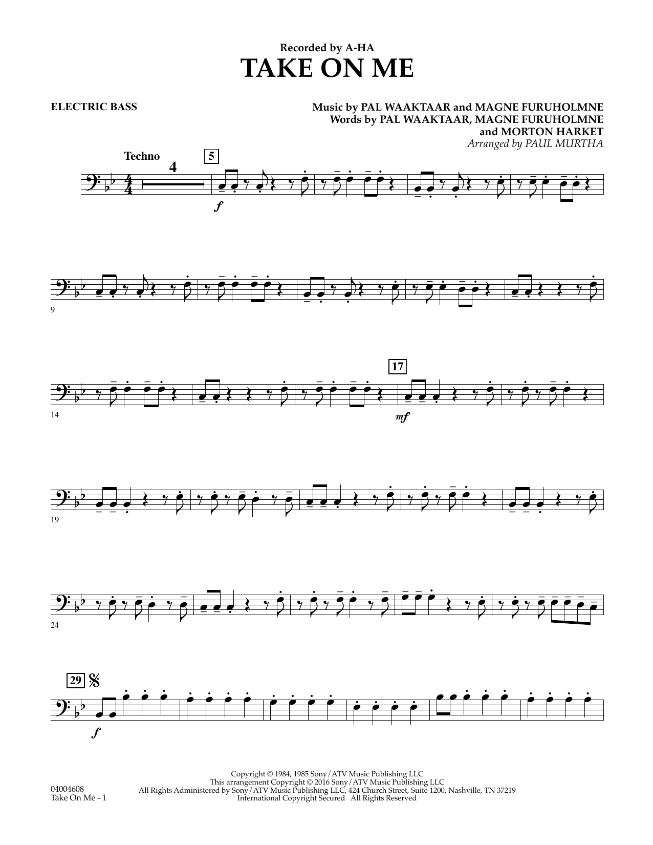 Download Paul Murtha Take on Me - Electric Bass Sheet Music and learn how to play Concert Band PDF digital score in minutes