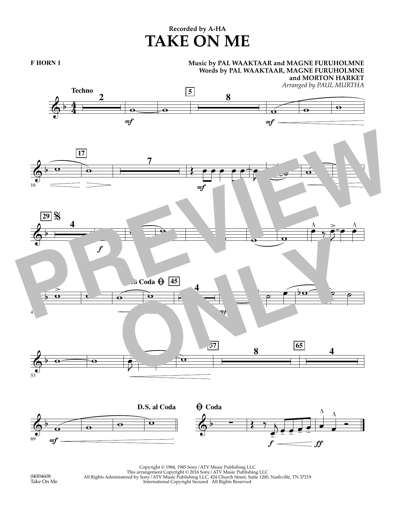 Download Paul Murtha Take on Me - F Horn 1 Sheet Music and learn how to play Concert Band PDF digital score in minutes