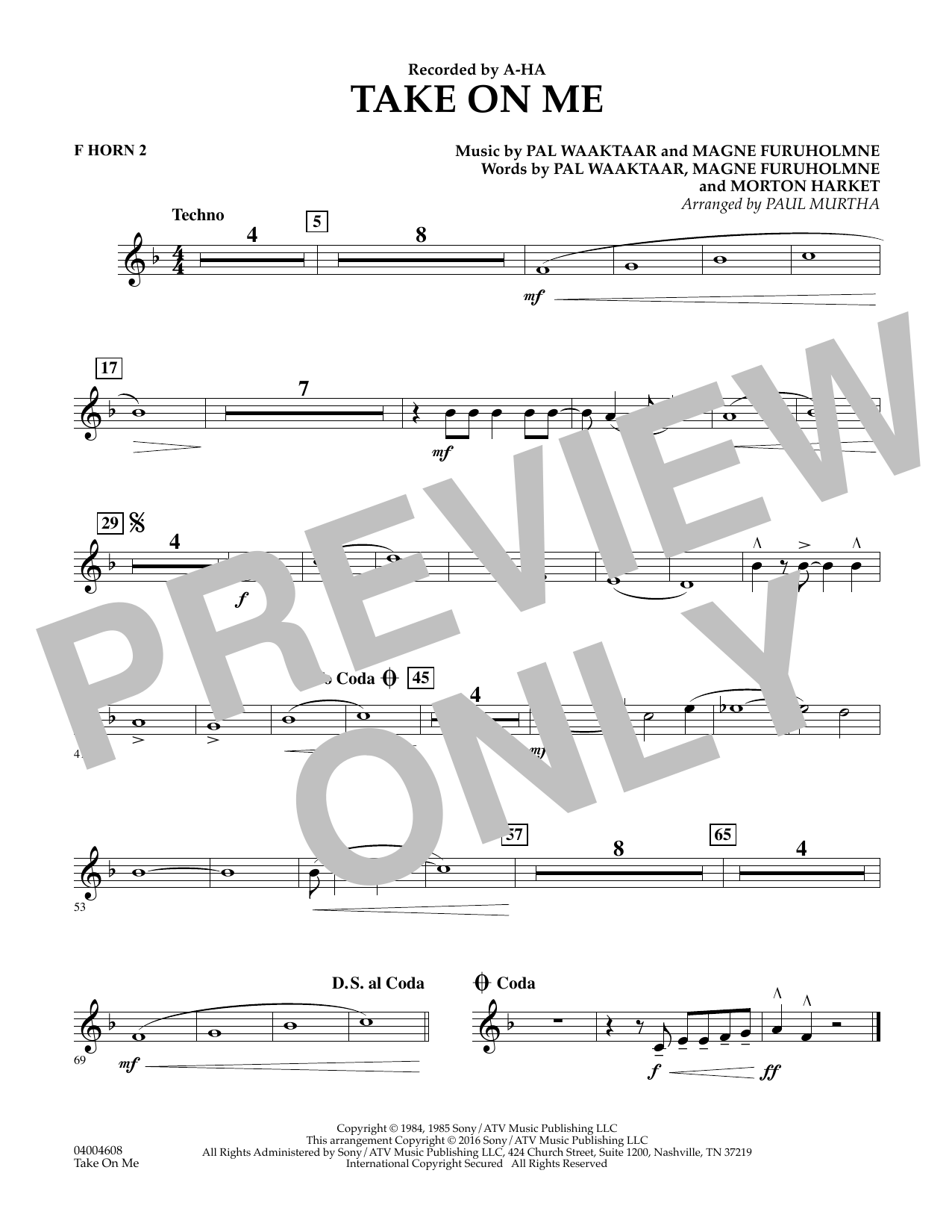 Download Paul Murtha Take on Me - F Horn 2 Sheet Music and learn how to play Concert Band PDF digital score in minutes