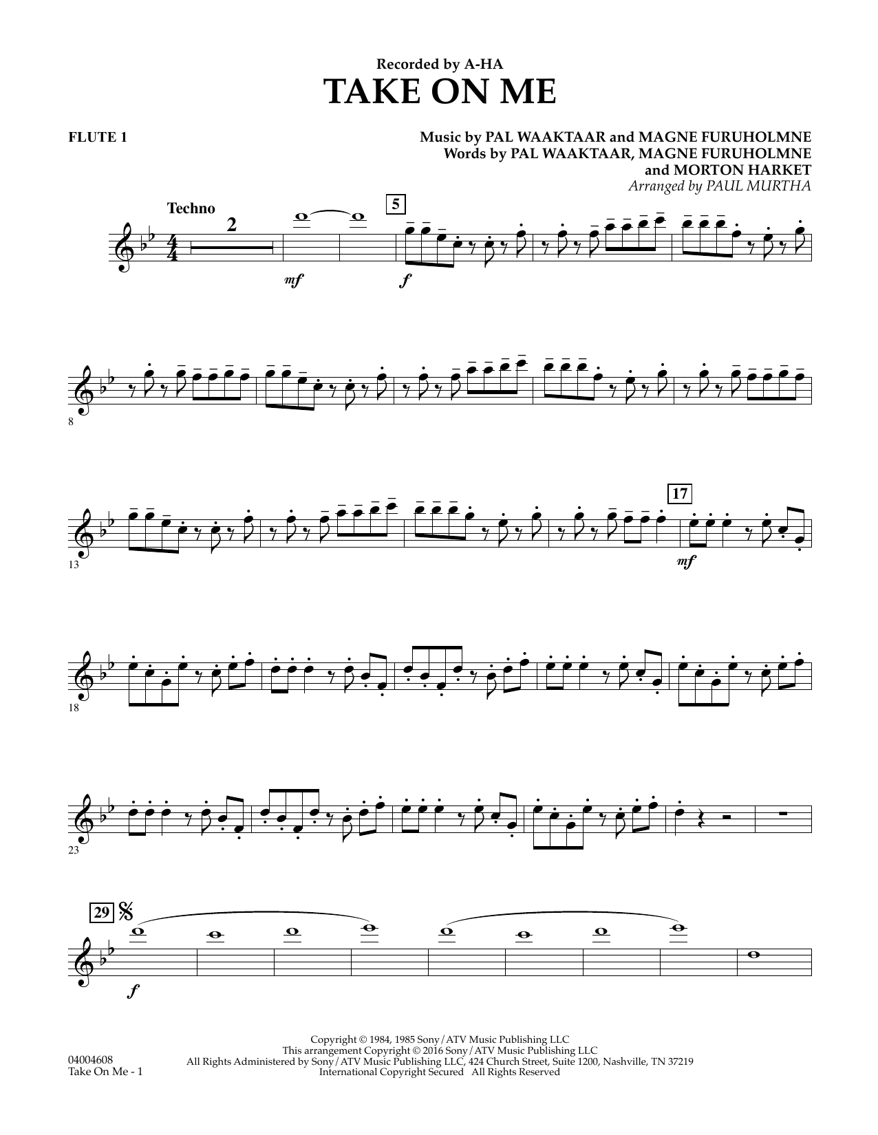 Download Paul Murtha Take on Me - Flute 1 Sheet Music and learn how to play Concert Band PDF digital score in minutes