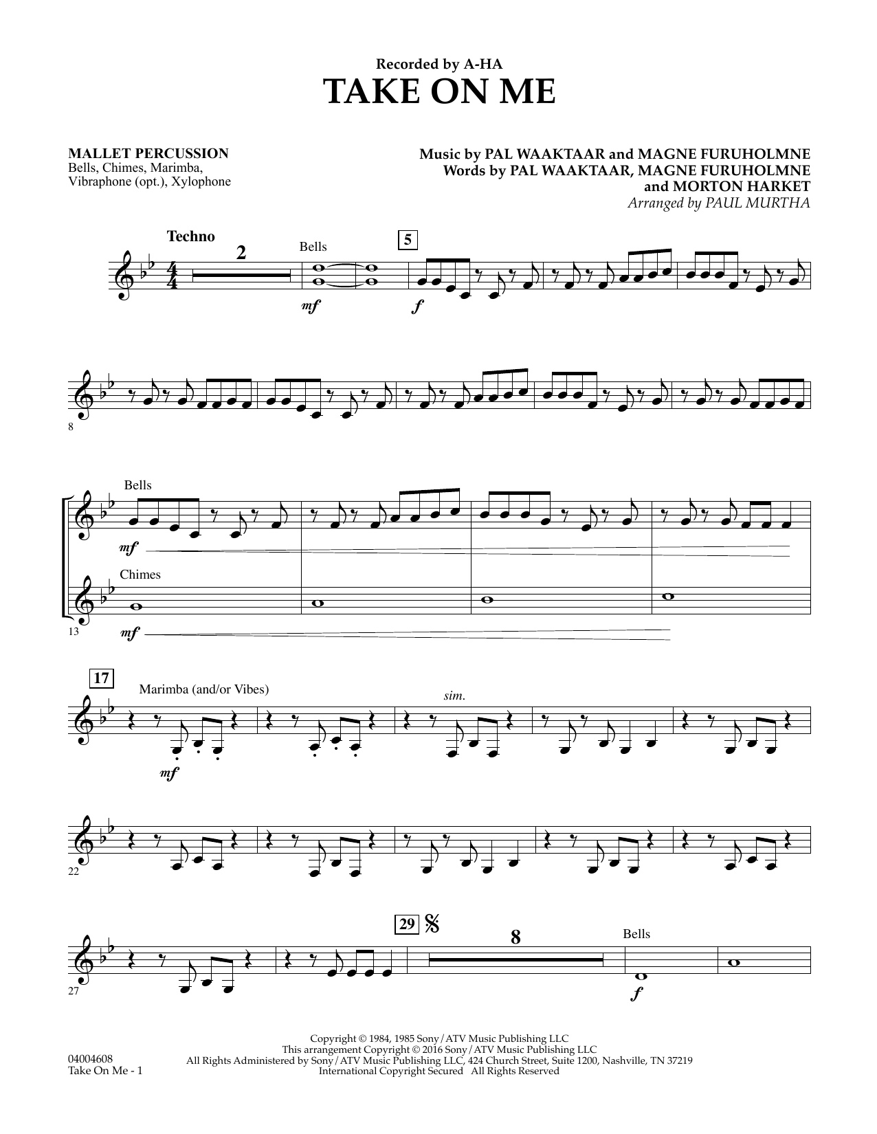 Download Paul Murtha Take on Me - Mallet Percussion Sheet Music and learn how to play Concert Band PDF digital score in minutes