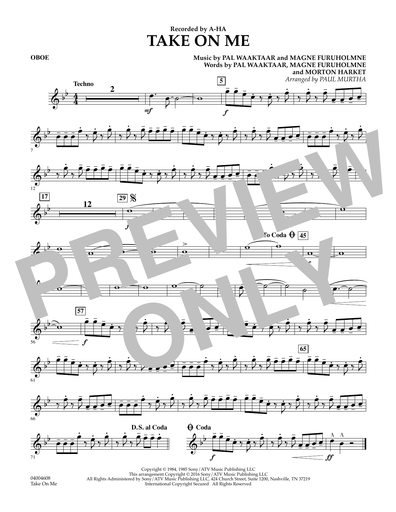 Download Paul Murtha Take on Me - Oboe Sheet Music and learn how to play Concert Band PDF digital score in minutes