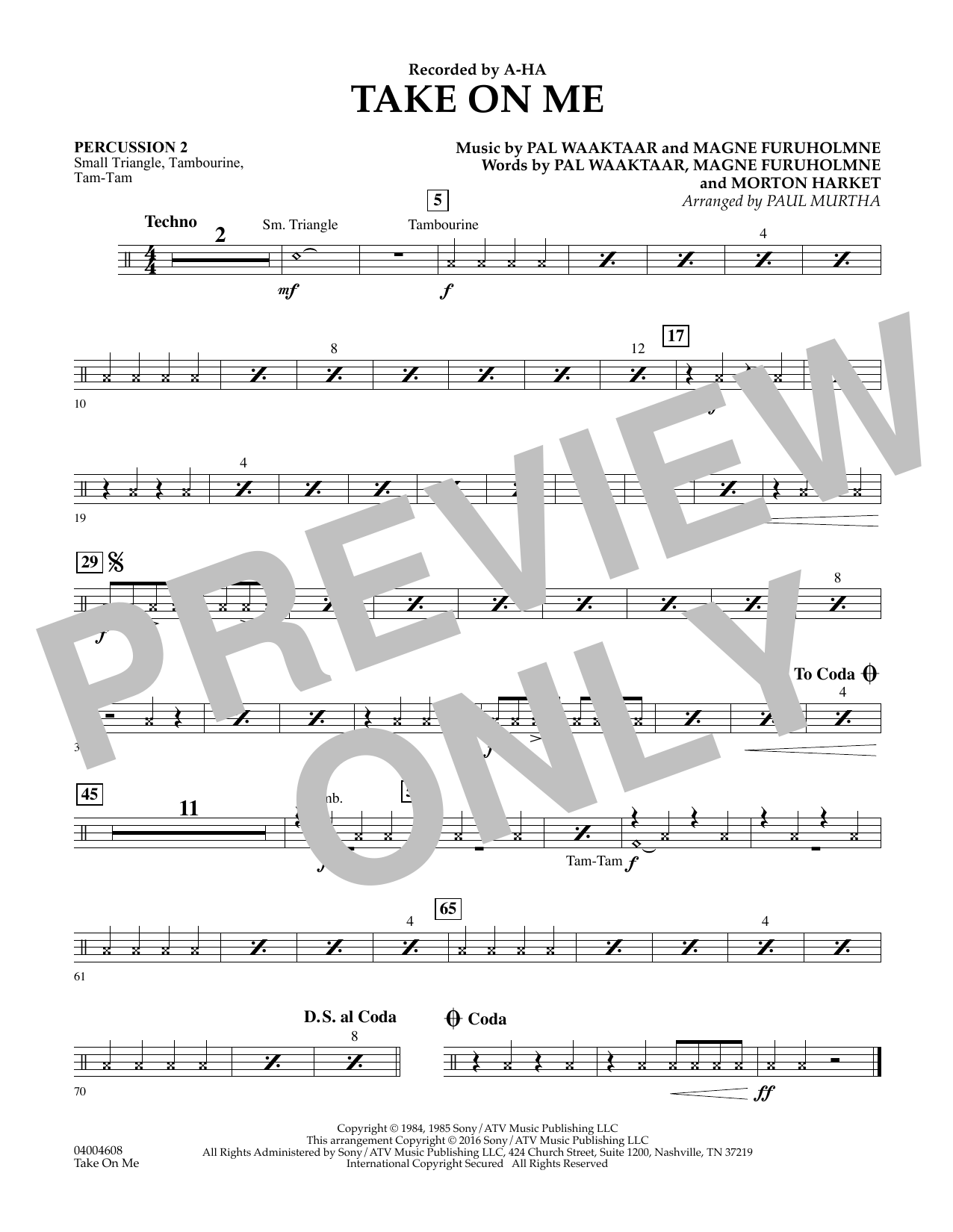 Download Paul Murtha Take on Me - Percussion 2 Sheet Music and learn how to play Concert Band PDF digital score in minutes