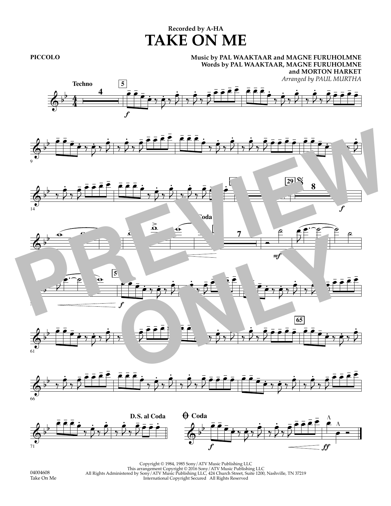 Download Paul Murtha Take on Me - Piccolo Sheet Music and learn how to play Concert Band PDF digital score in minutes