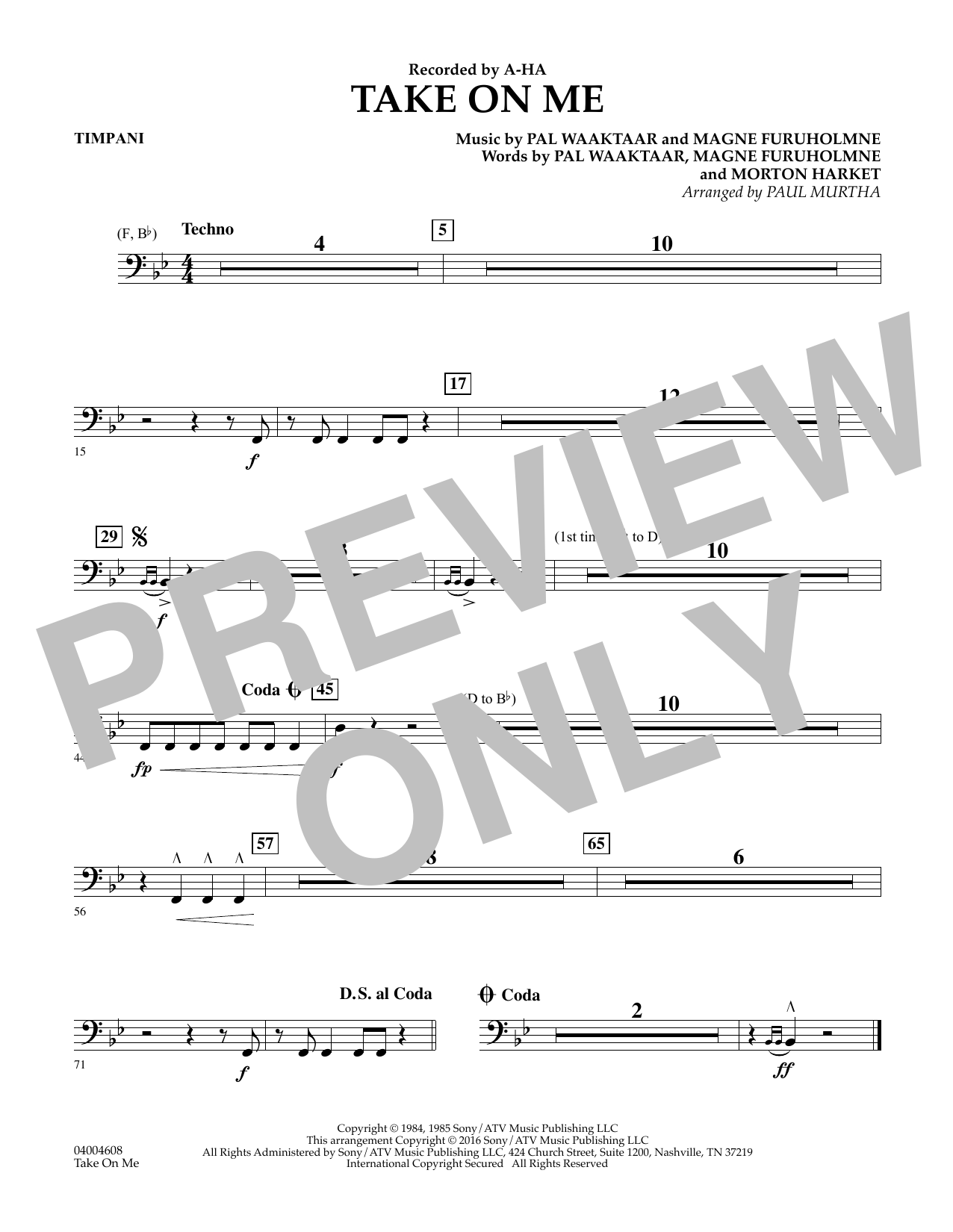 Download Paul Murtha Take on Me - Timpani Sheet Music and learn how to play Concert Band PDF digital score in minutes