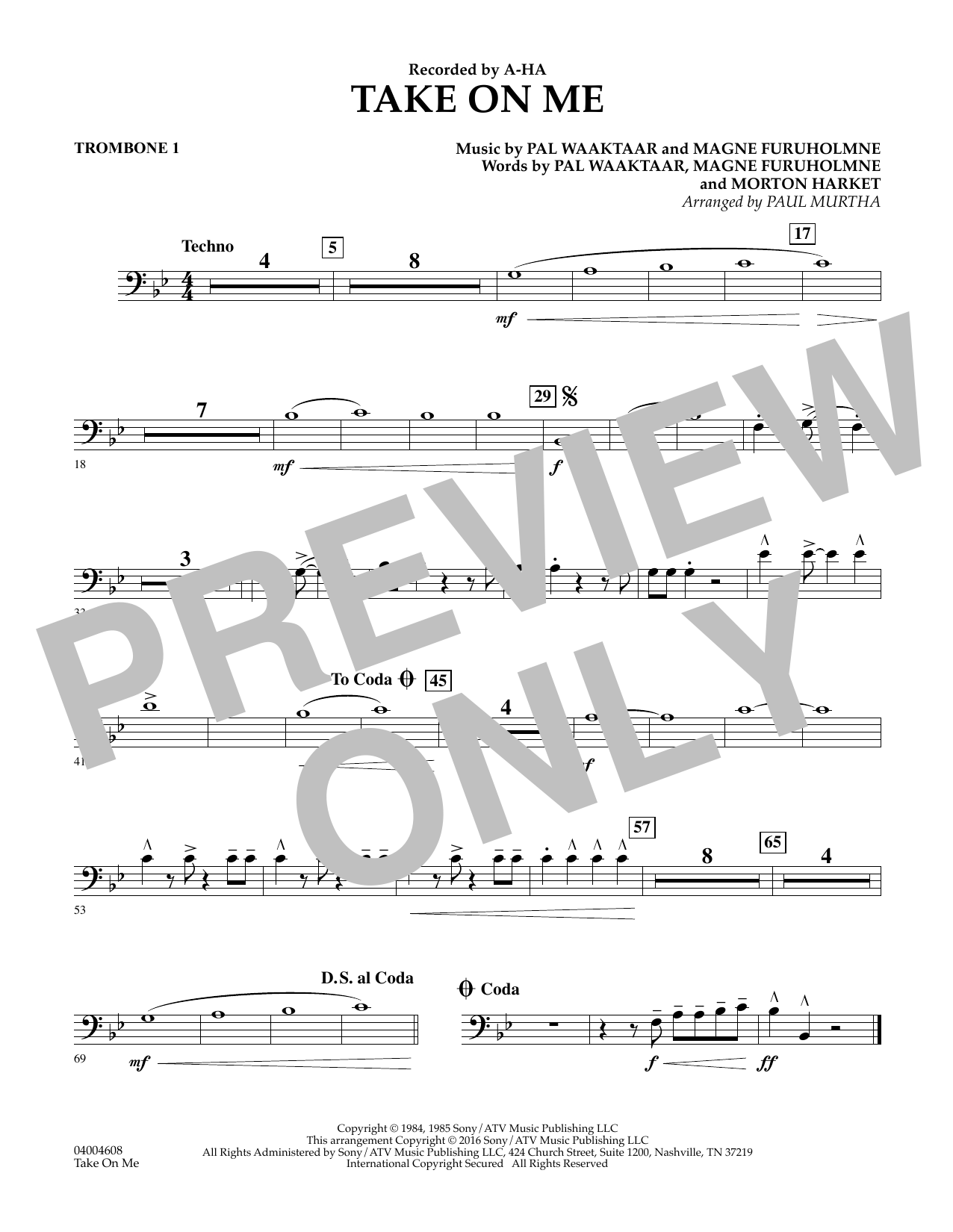 Download Paul Murtha Take on Me - Trombone 1 Sheet Music and learn how to play Concert Band PDF digital score in minutes