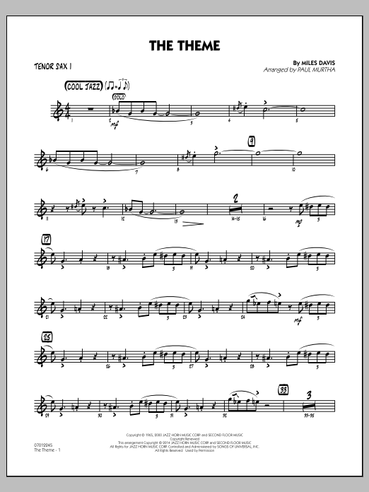 Download Paul Murtha The Theme - Tenor Sax 1 Sheet Music and learn how to play Jazz Ensemble PDF digital score in minutes