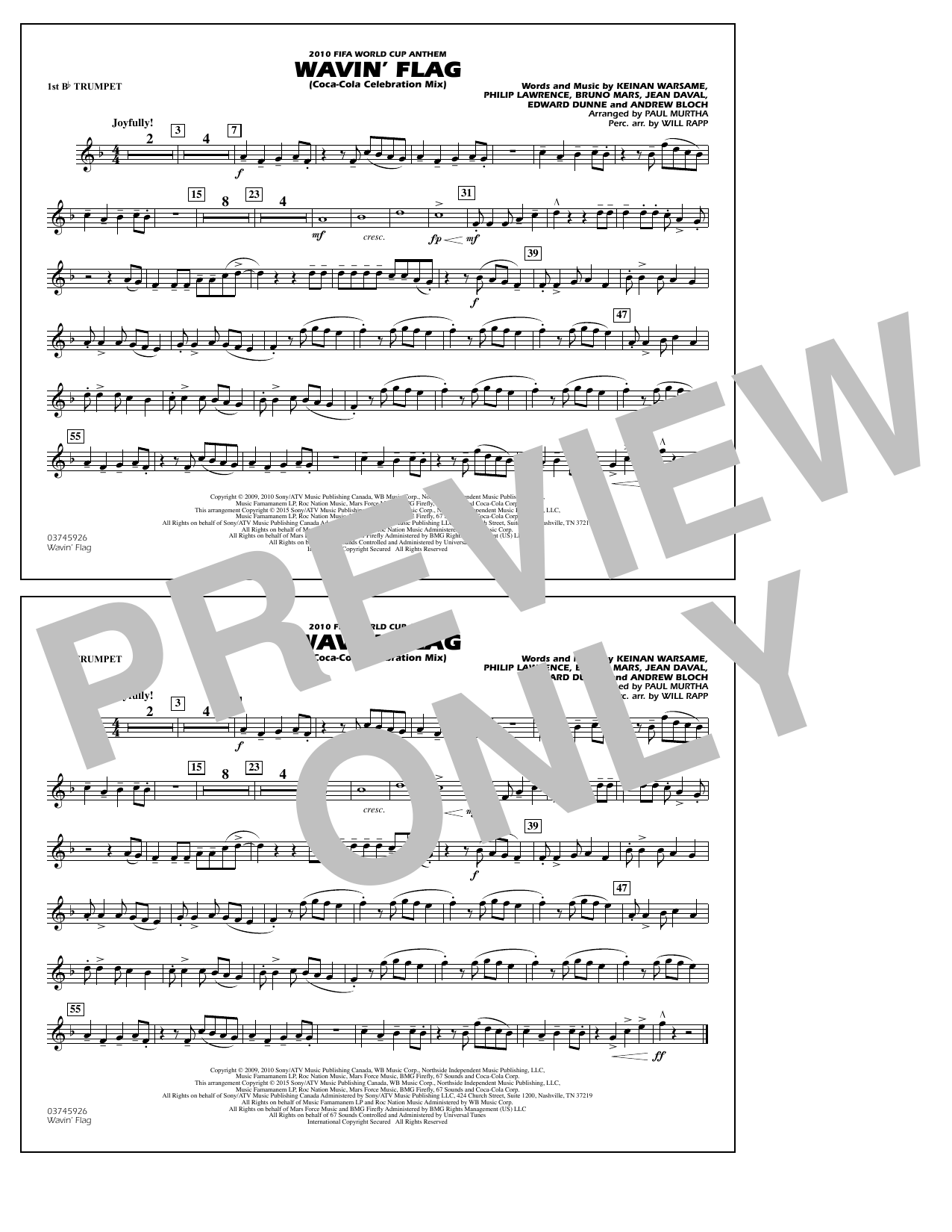 Download Paul Murtha Wavin' Flag - 1st Bb Trumpet Sheet Music and learn how to play Marching Band PDF digital score in minutes