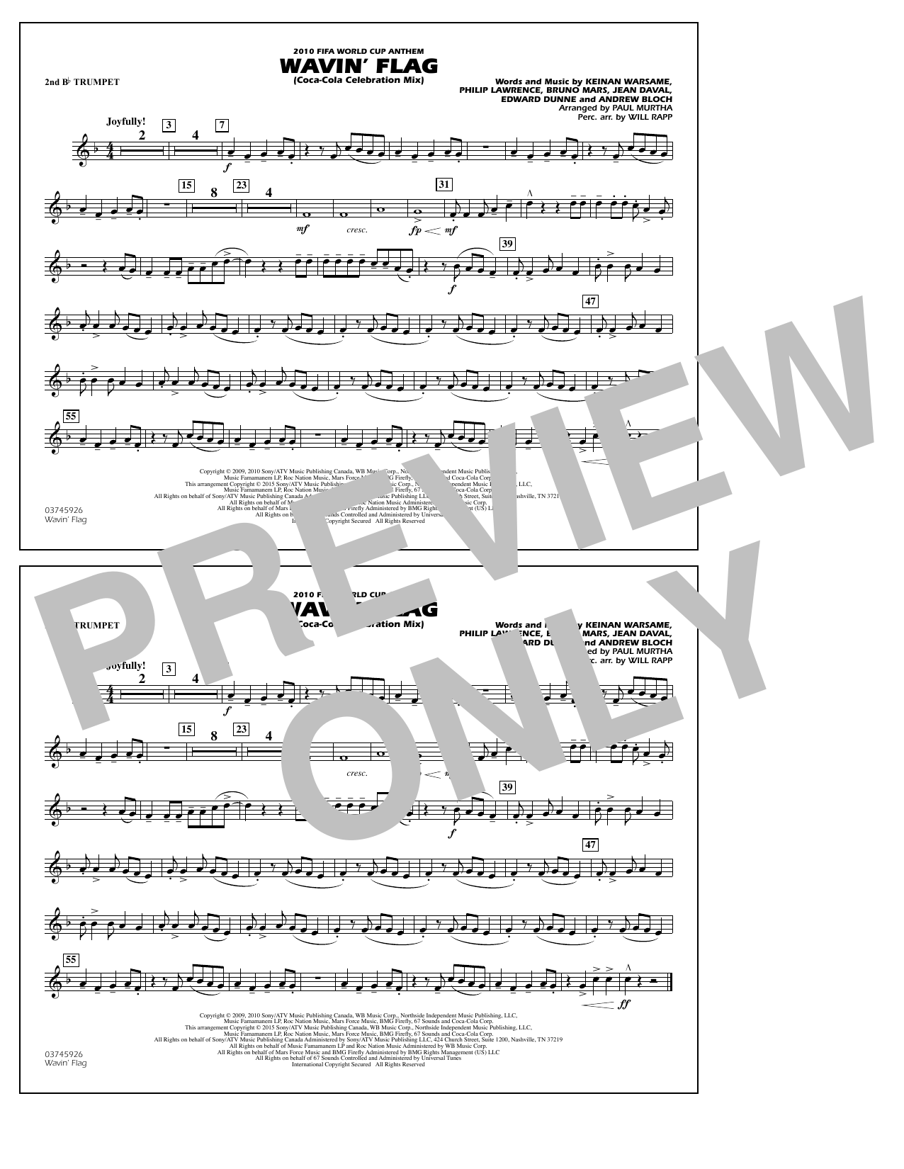 Download Paul Murtha Wavin' Flag - 2nd Bb Trumpet Sheet Music and learn how to play Marching Band PDF digital score in minutes