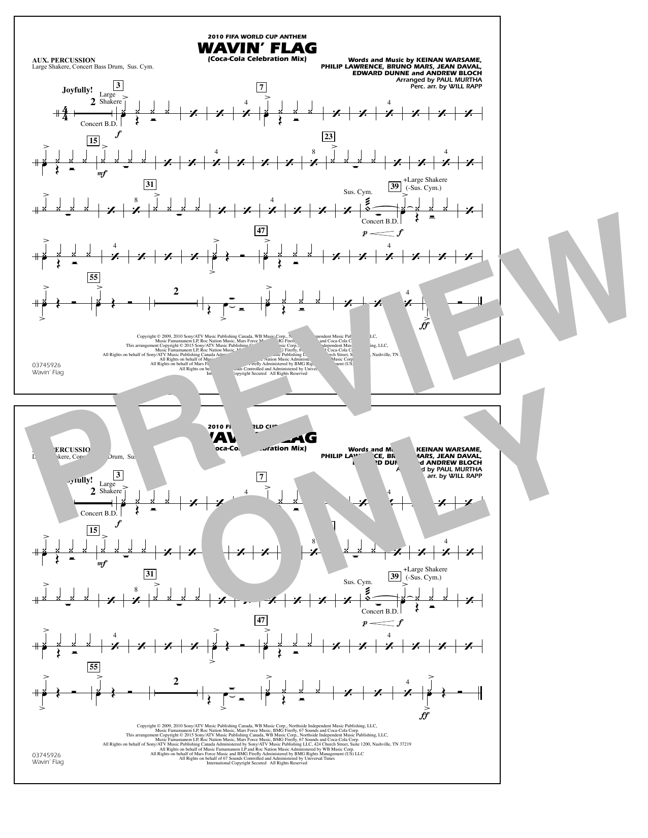 Download Paul Murtha Wavin' Flag - Aux Percussion Sheet Music and learn how to play Marching Band PDF digital score in minutes