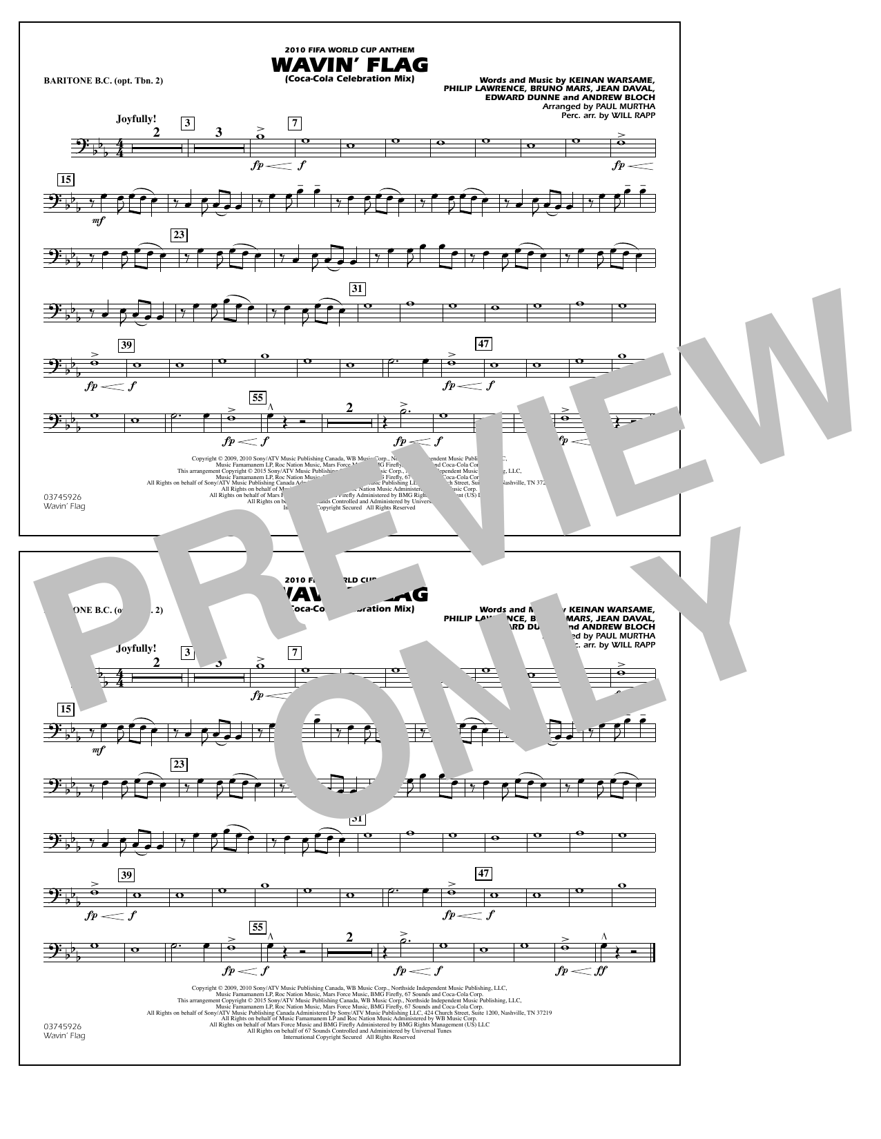 Download Paul Murtha Wavin' Flag - Baritone B.C. (Opt. Tbn. 2) Sheet Music and learn how to play Marching Band PDF digital score in minutes