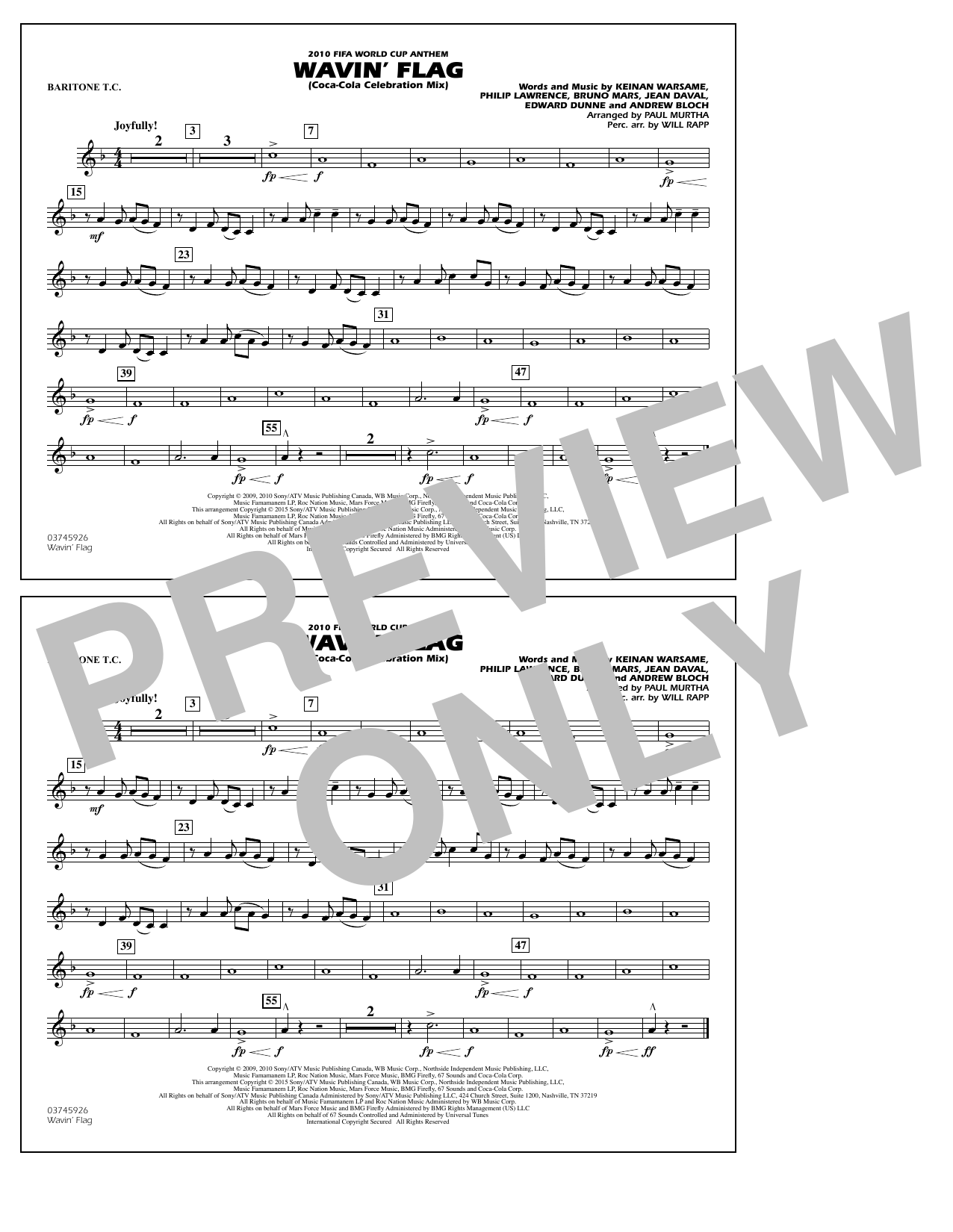 Download Paul Murtha Wavin' Flag - Baritone T.C. Sheet Music and learn how to play Marching Band PDF digital score in minutes