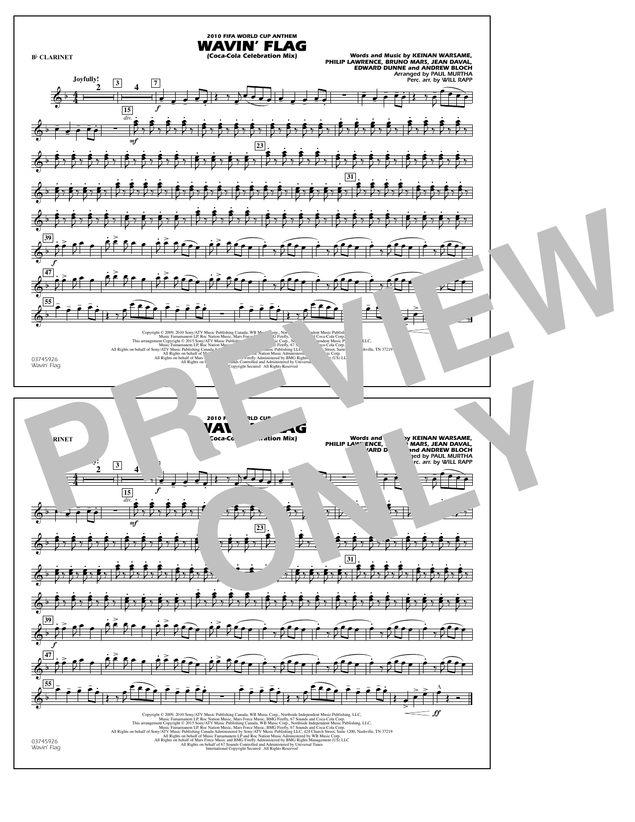 Download Paul Murtha Wavin' Flag - Bb Clarinet Sheet Music and learn how to play Marching Band PDF digital score in minutes
