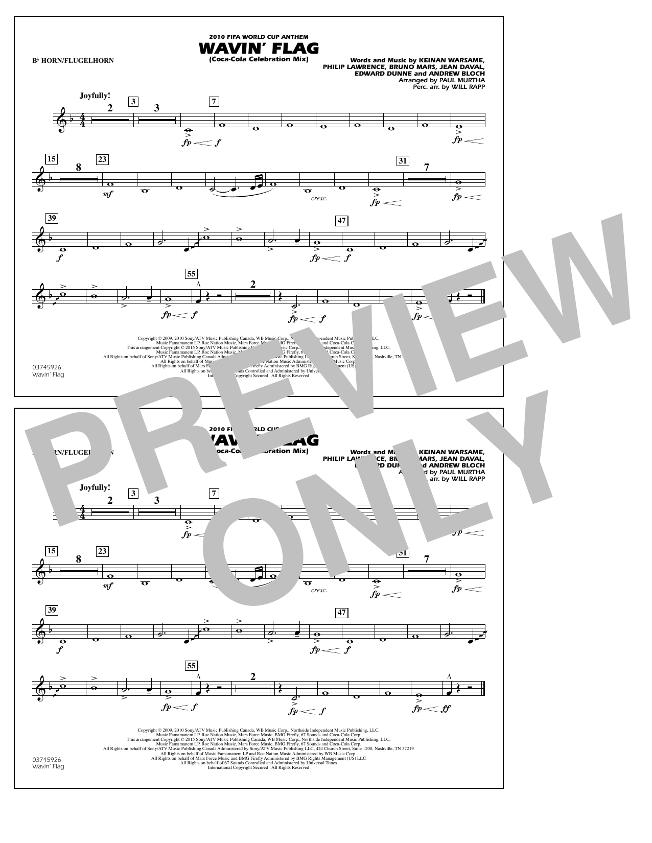 Download Paul Murtha Wavin' Flag - Bb Horn/Flugelhorn Sheet Music and learn how to play Marching Band PDF digital score in minutes