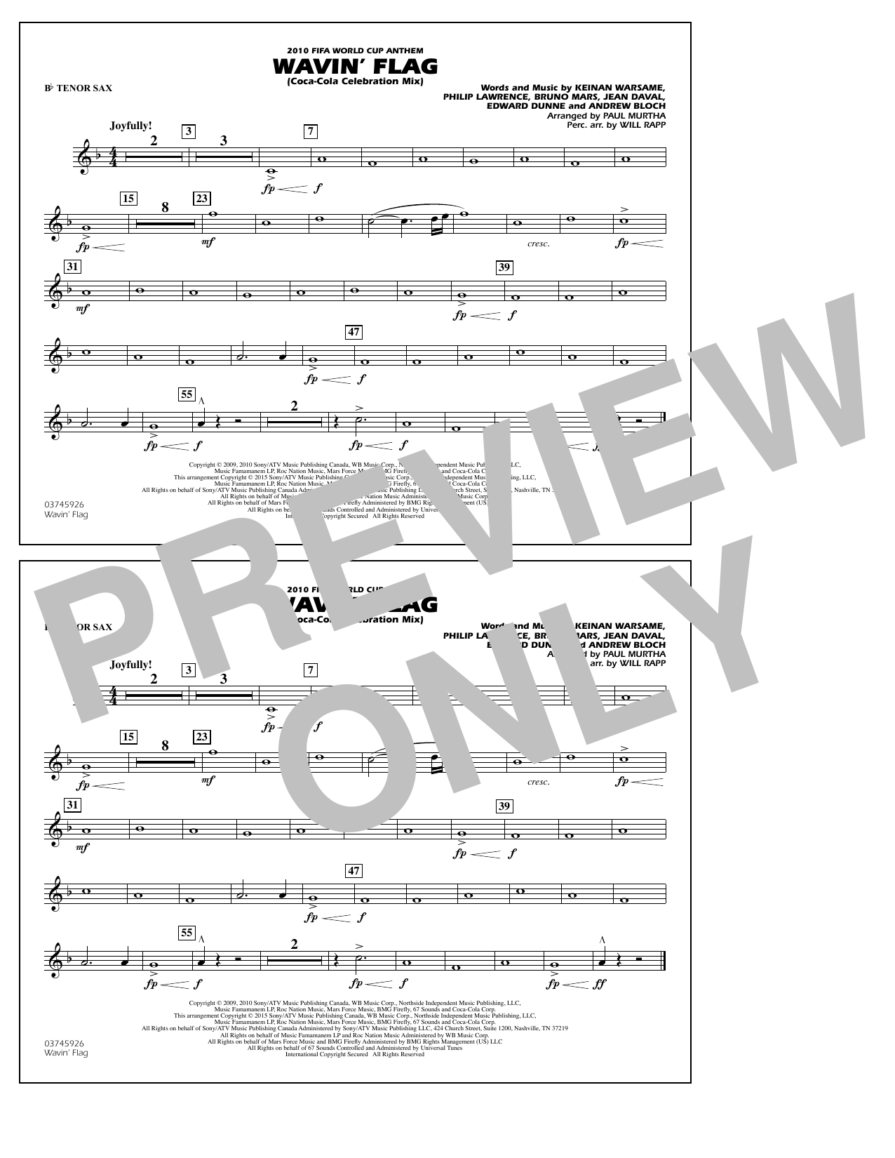 Download Paul Murtha Wavin' Flag - Bb Tenor Sax Sheet Music and learn how to play Marching Band PDF digital score in minutes