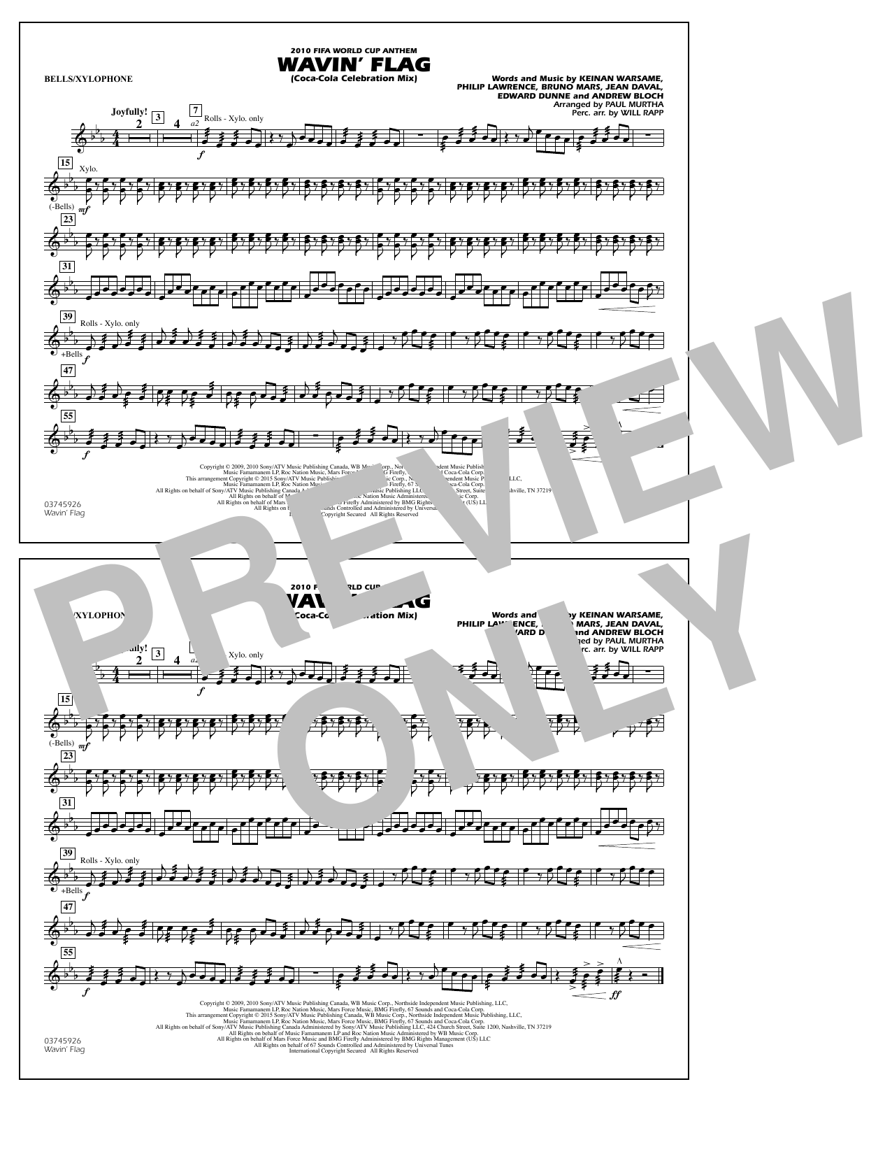 Download Paul Murtha Wavin' Flag - Bells/Xylophone Sheet Music and learn how to play Marching Band PDF digital score in minutes