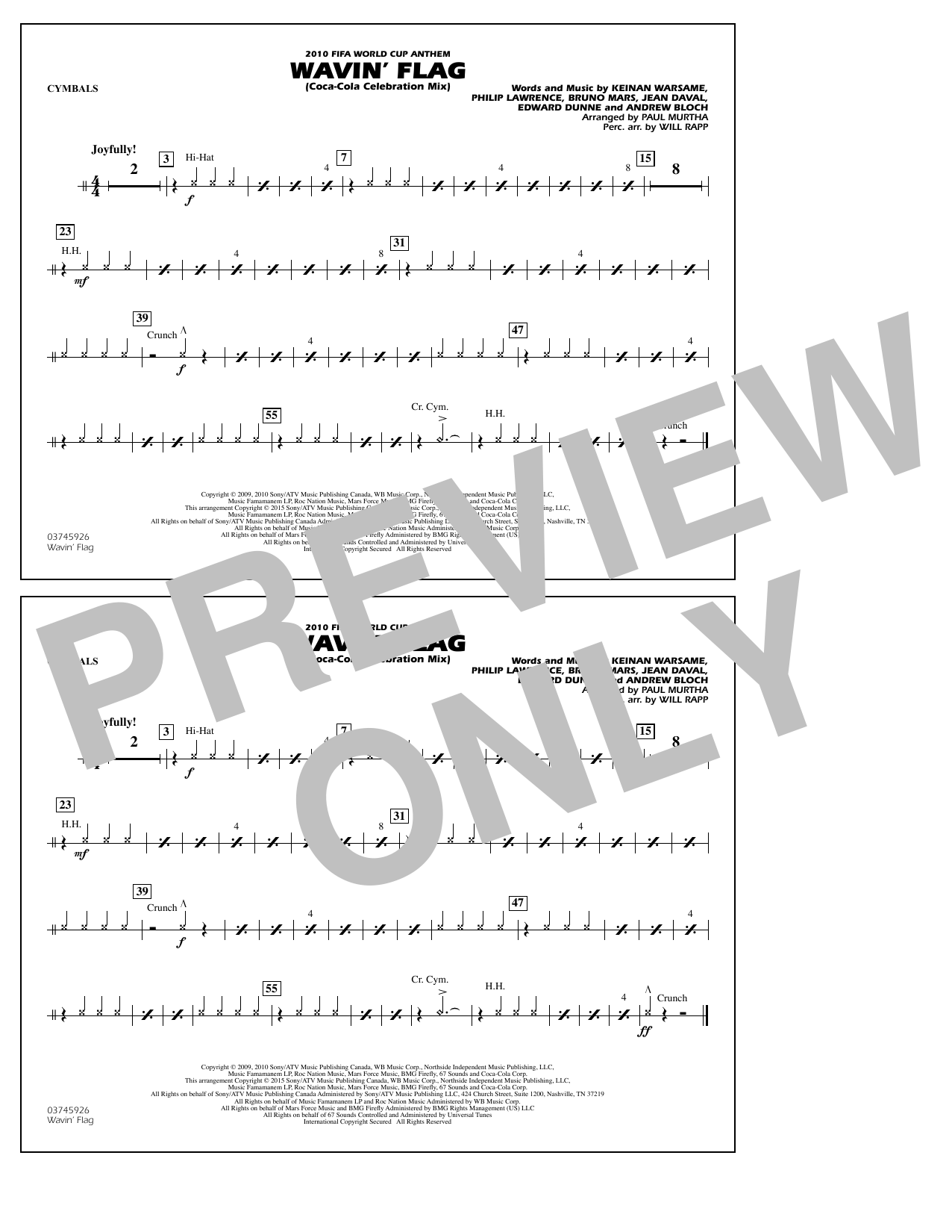 Download Paul Murtha Wavin' Flag - Cymbals Sheet Music and learn how to play Marching Band PDF digital score in minutes
